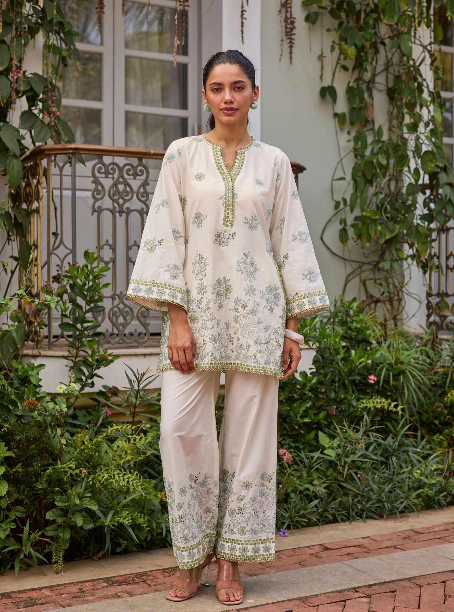 Kalani Supima Cotton Off White & Green Top Set