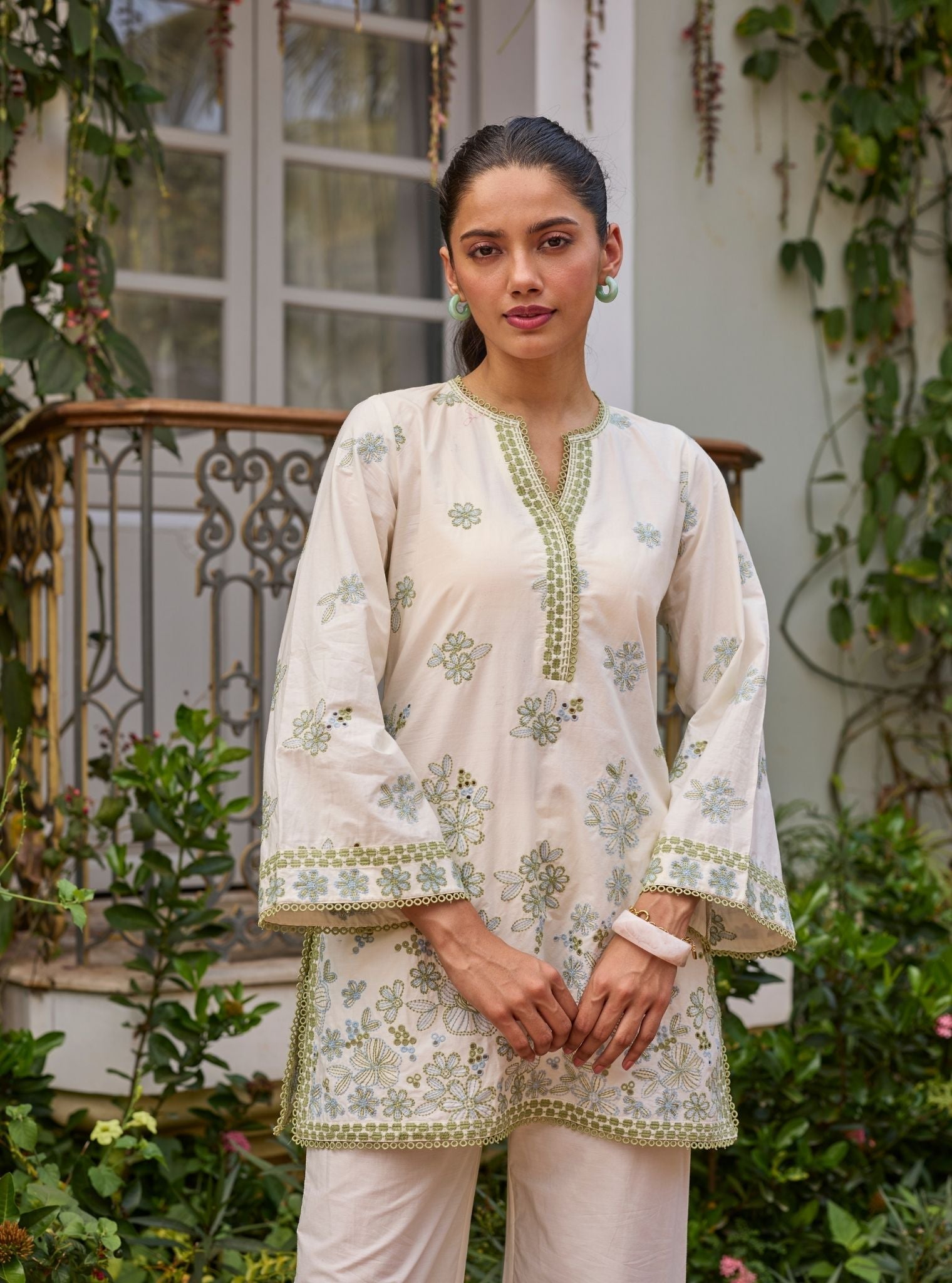 Kalani Supima Cotton Off White & Green Top Set