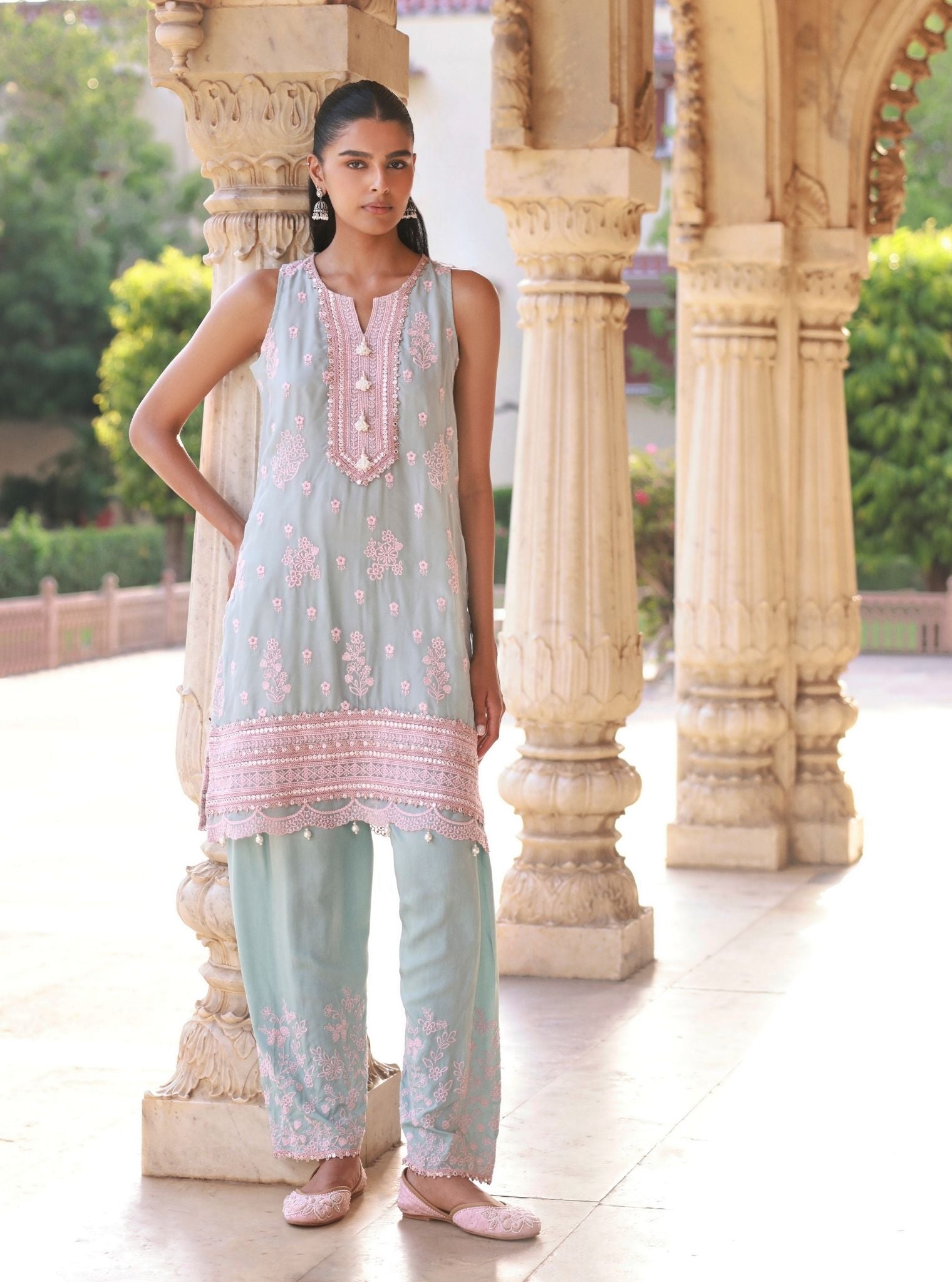 Taveli Light Blue & Pink Kurta Set