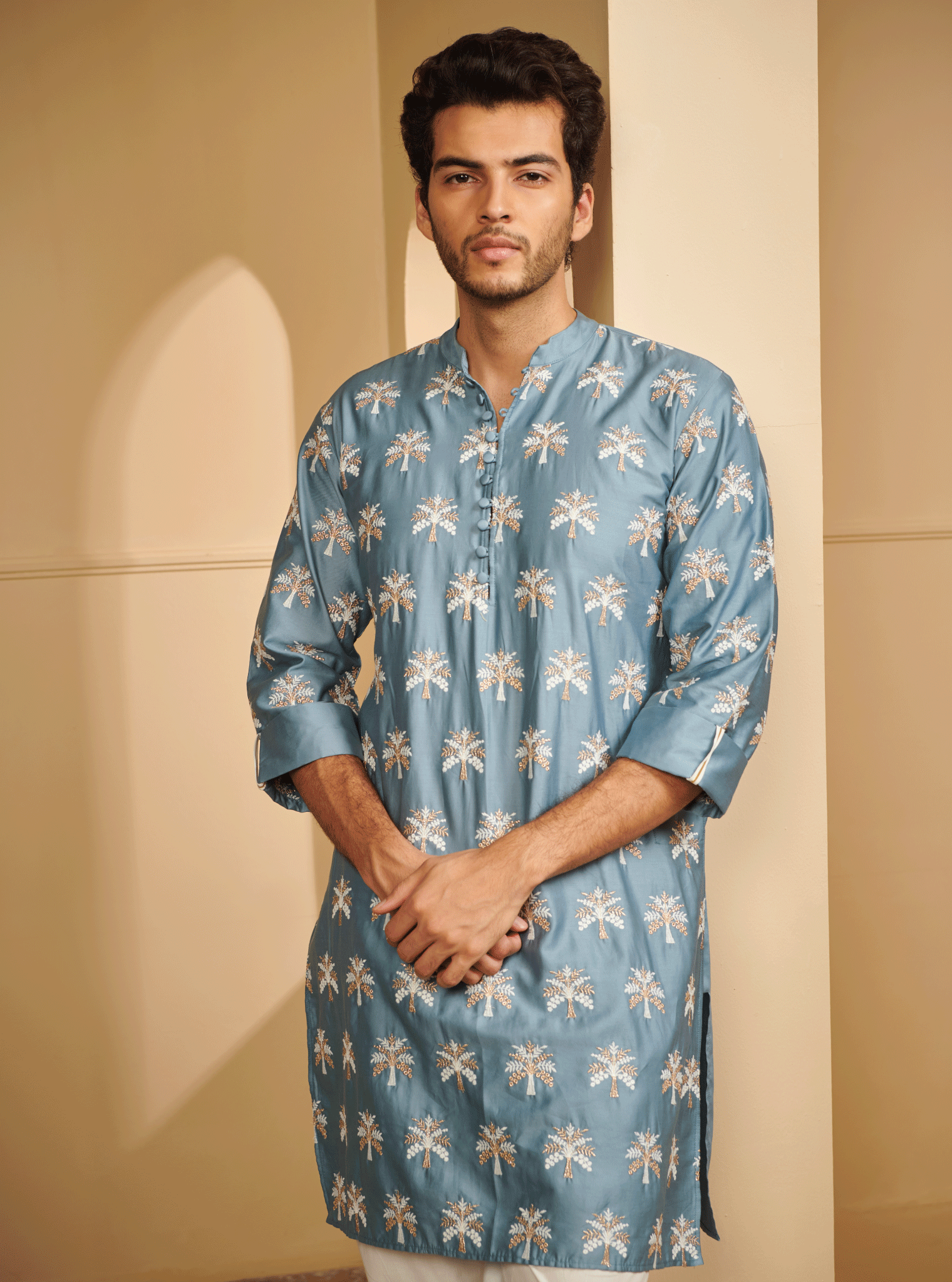 Mulmul Pima Satin Neo Denim Kurta With Mulmul Supima Cotton Neo White Pyajama