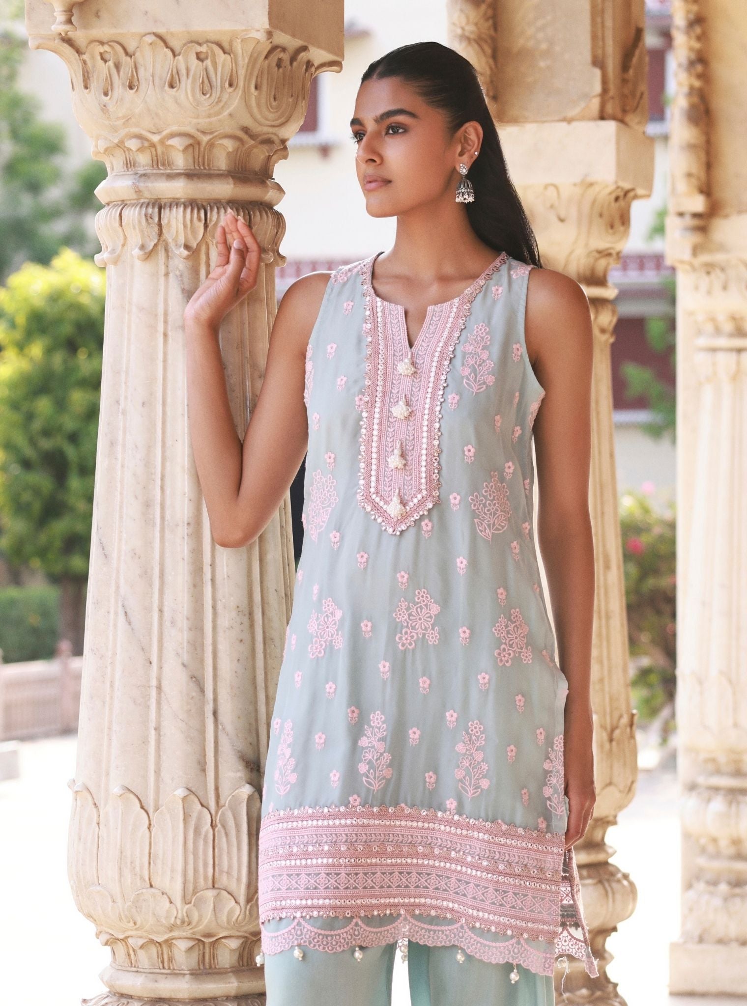 Taveli Light Blue & Pink Kurta Set