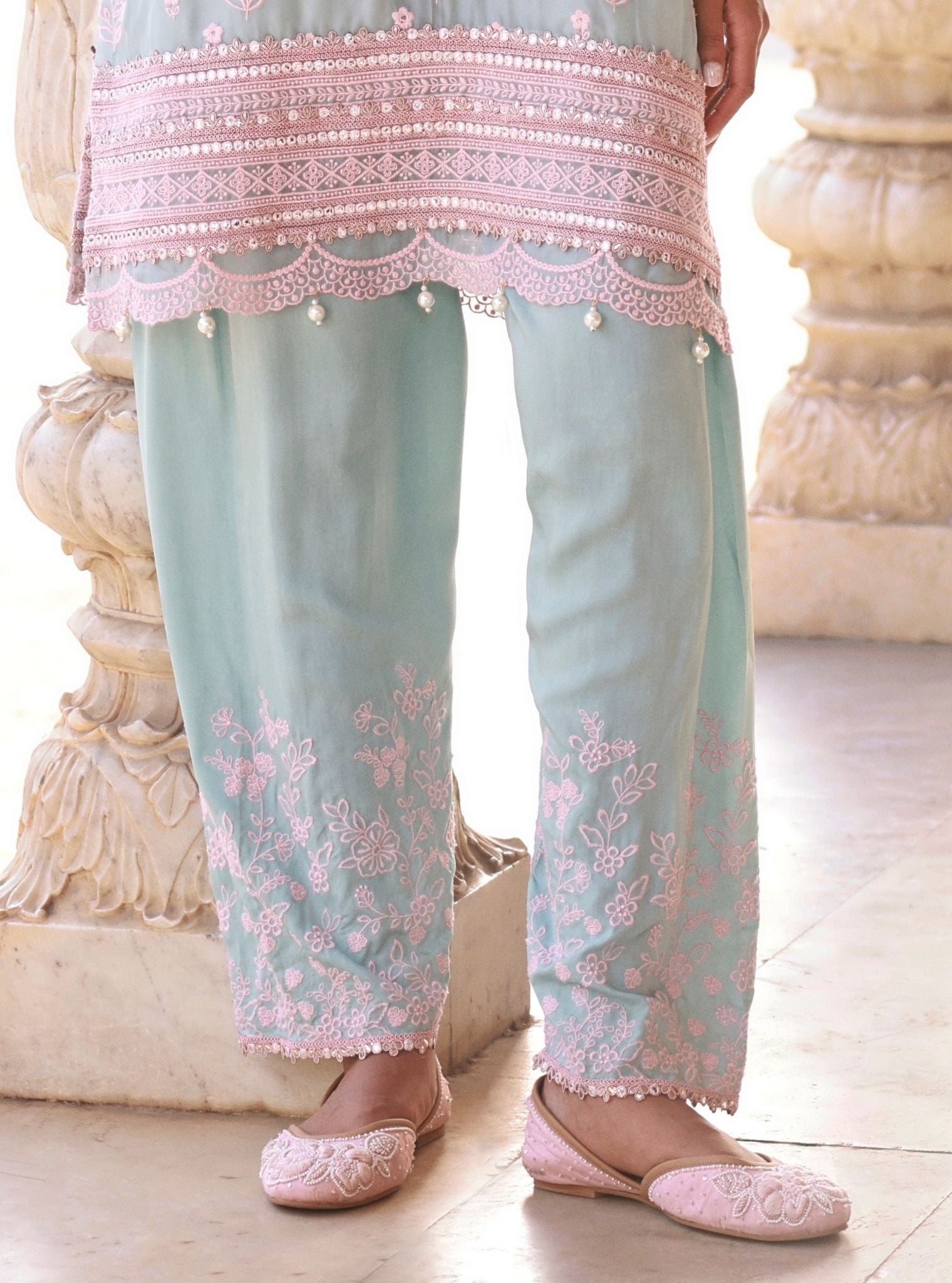 Taveli Light Blue & Pink Kurta Set