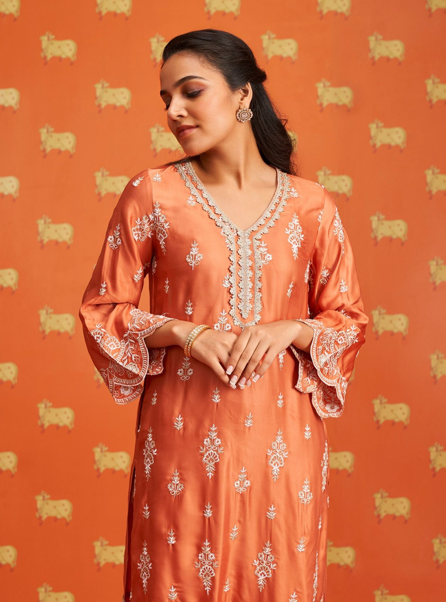 Emon Cupro Satin Burnt Orange Kurta With Fuschia Pant