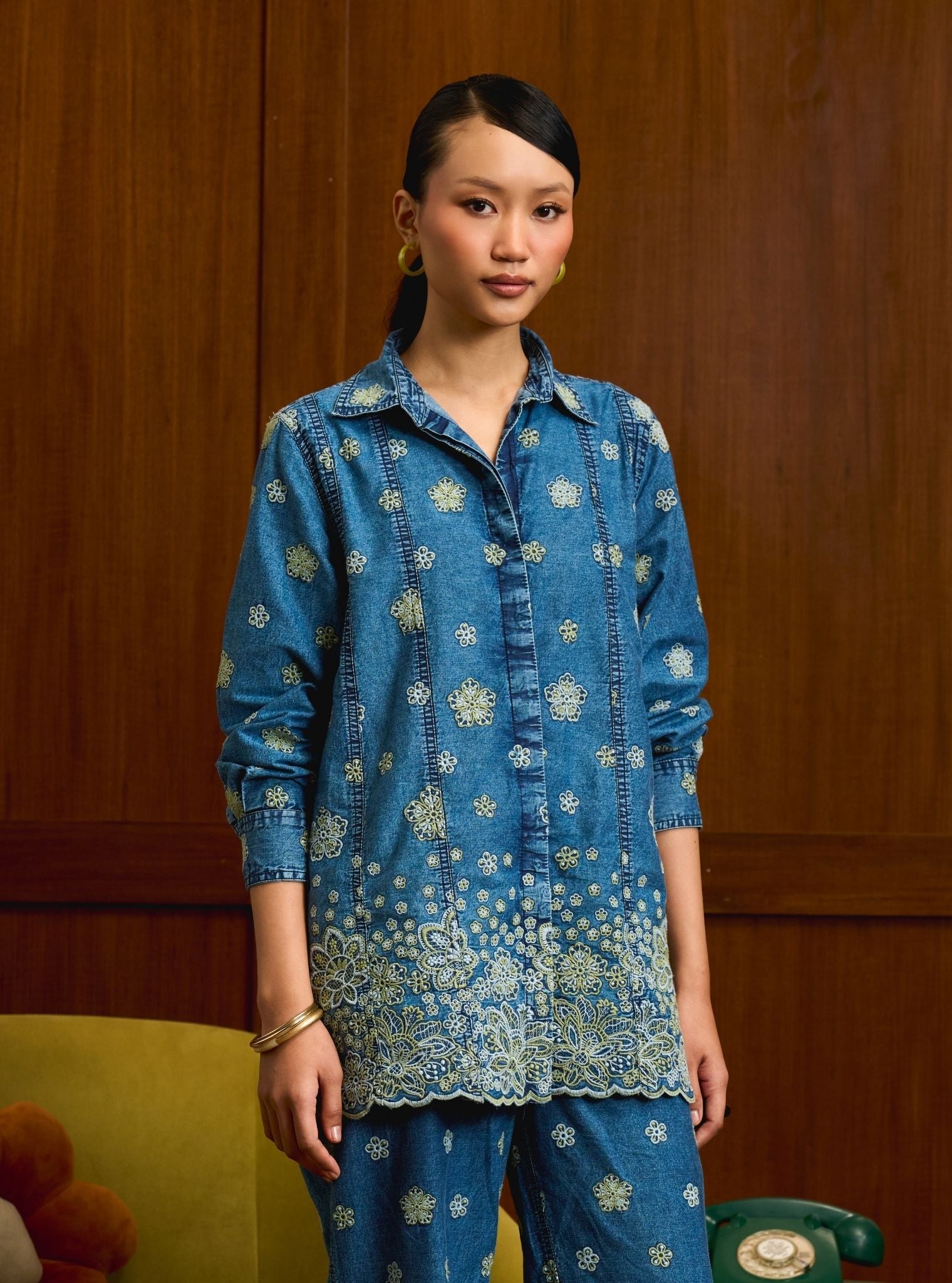 Taneira Denim Light Green Shirt Set