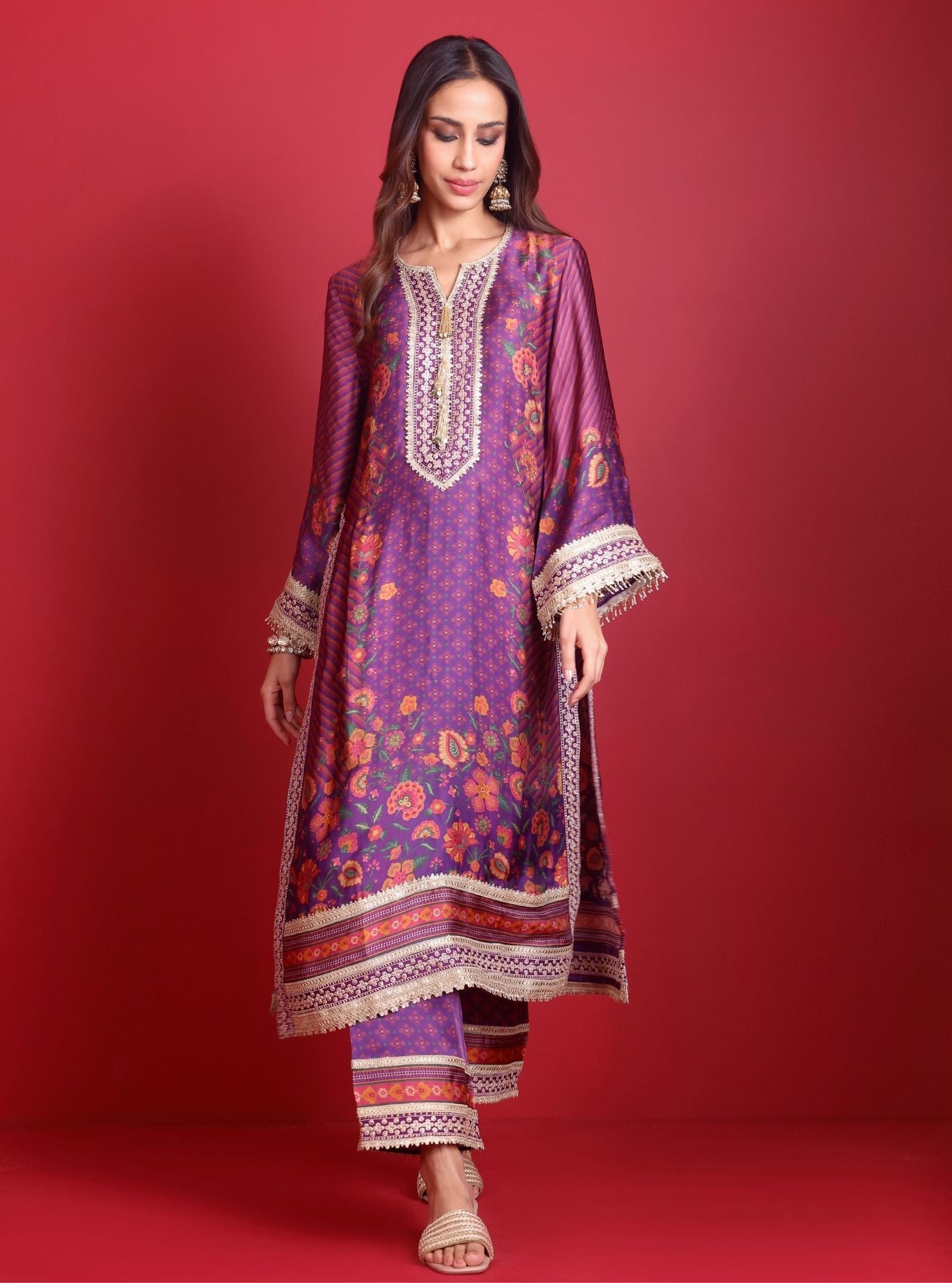 Osha Cupro Satin Purple Kurta Set