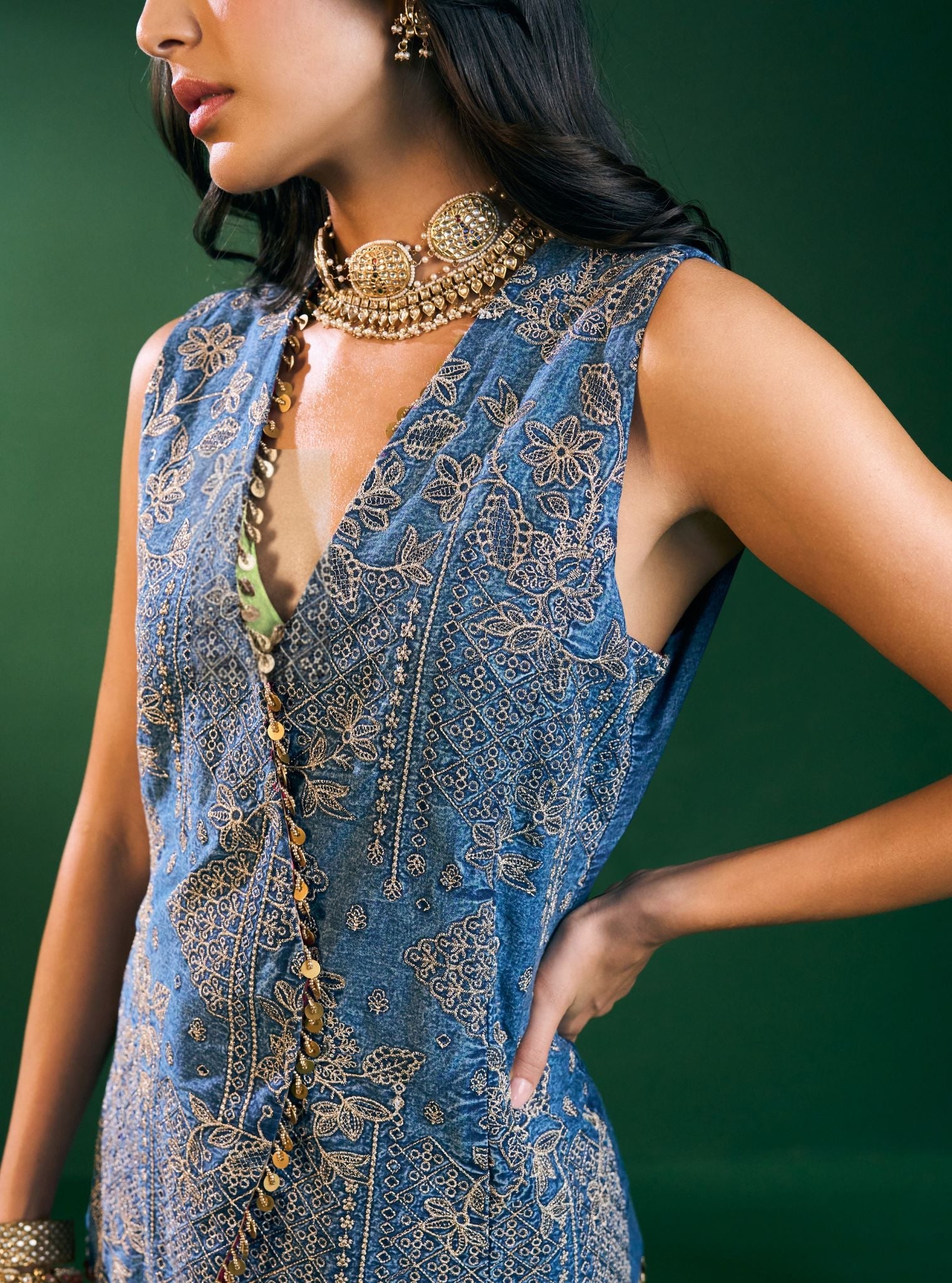 Lunira Denim Waistcoat With Cupro Satin Printed Sage Green Draped Skirt