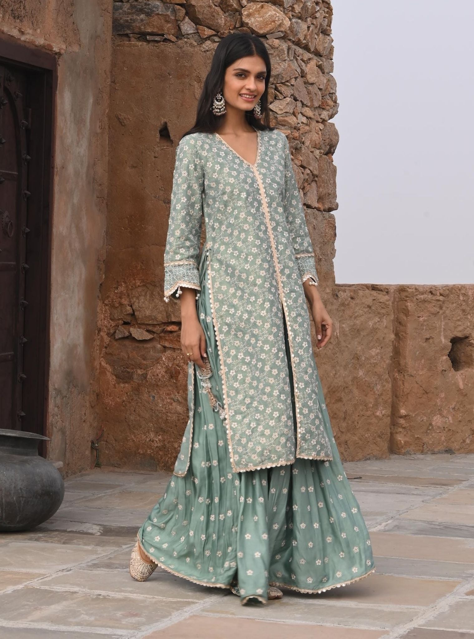 Maaeri Luxe Tissue Satin Teal Blue Kurta with Skirt Set