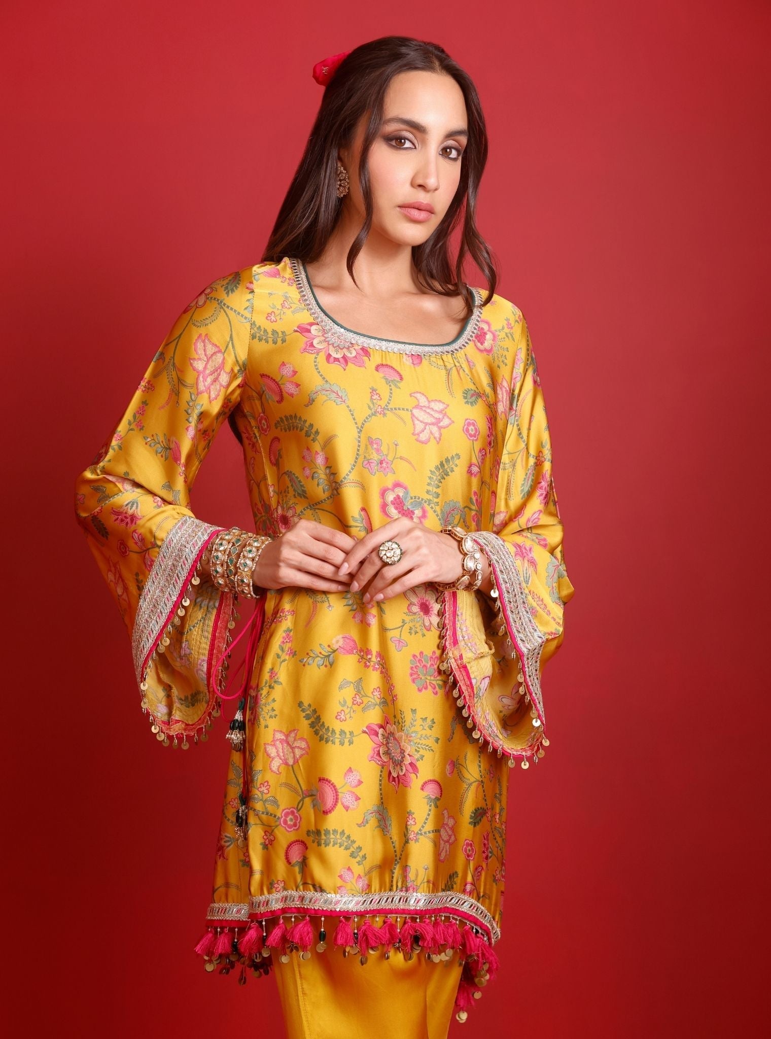 Arvi Cupro Satin Mustard Kurta Set