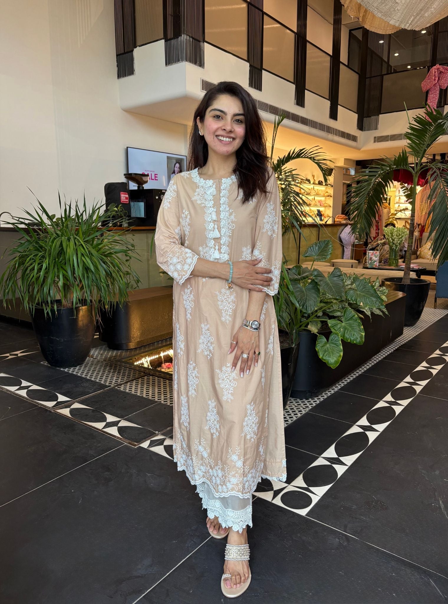 Mulmul Cotton Perla Beige Kurta With Floral Lace Flared White Pant