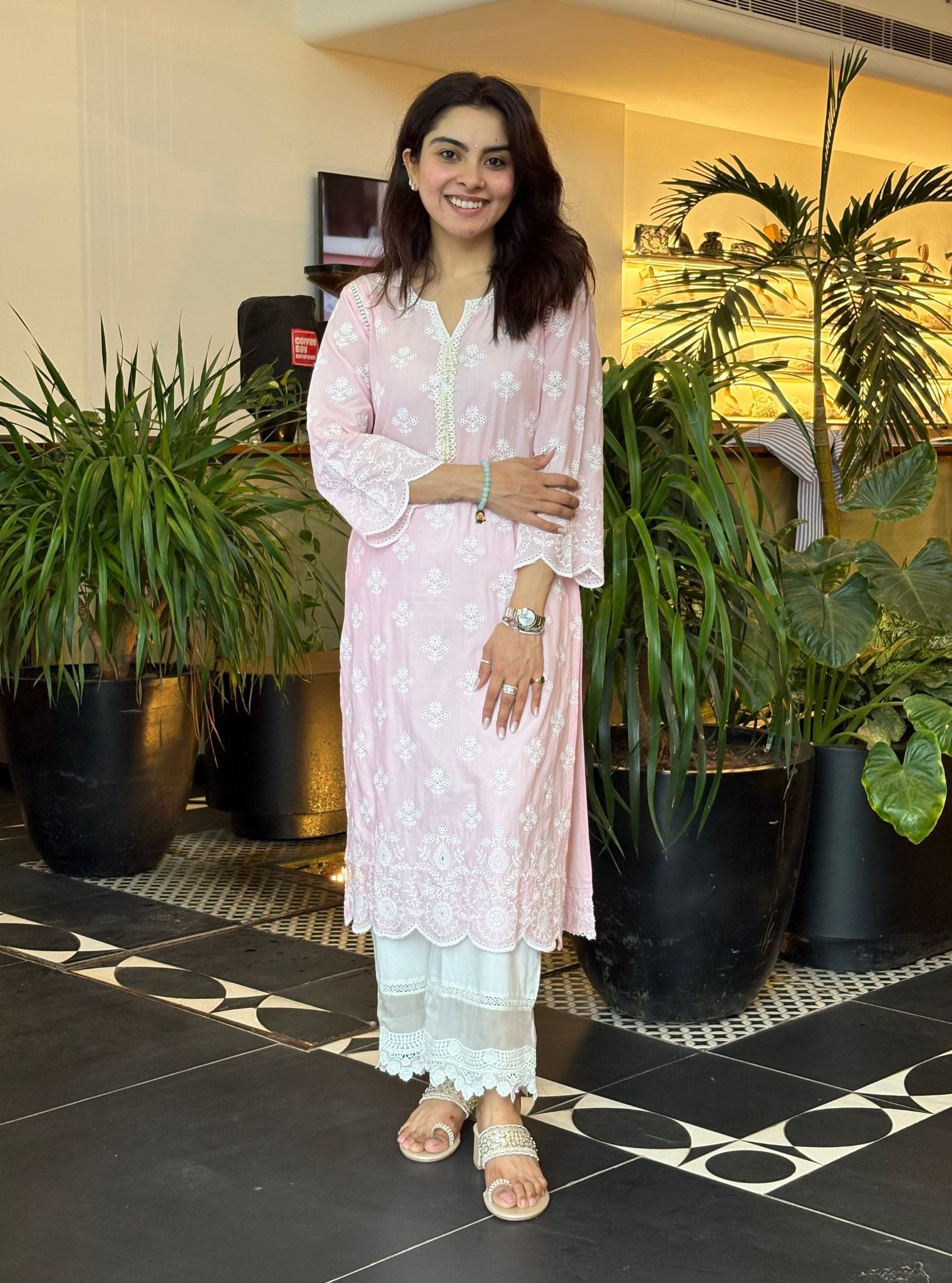 Arpora Supima Cotton Pink Kurta With Floral Lace Flared White Pant