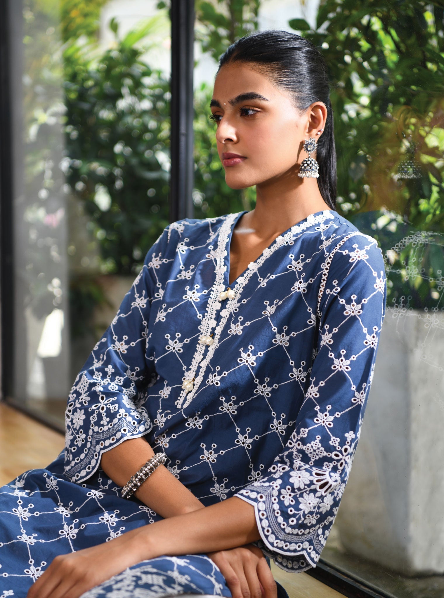 Mulmul Cotton Perth Navy Kurta With Border White Dhoti Pant