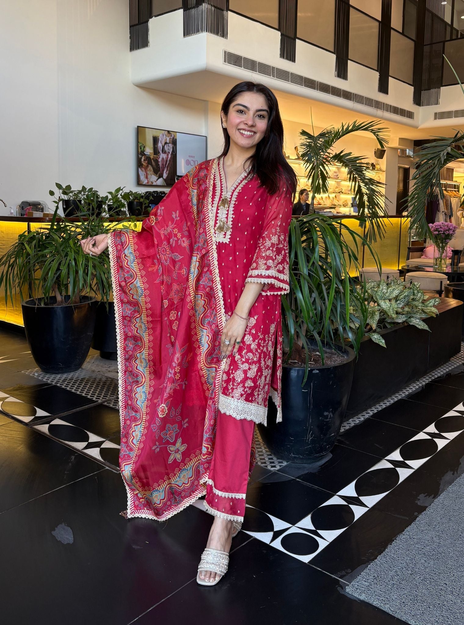 Gajra Organza Red Kurta With Gajra Pima Satin Red Pant