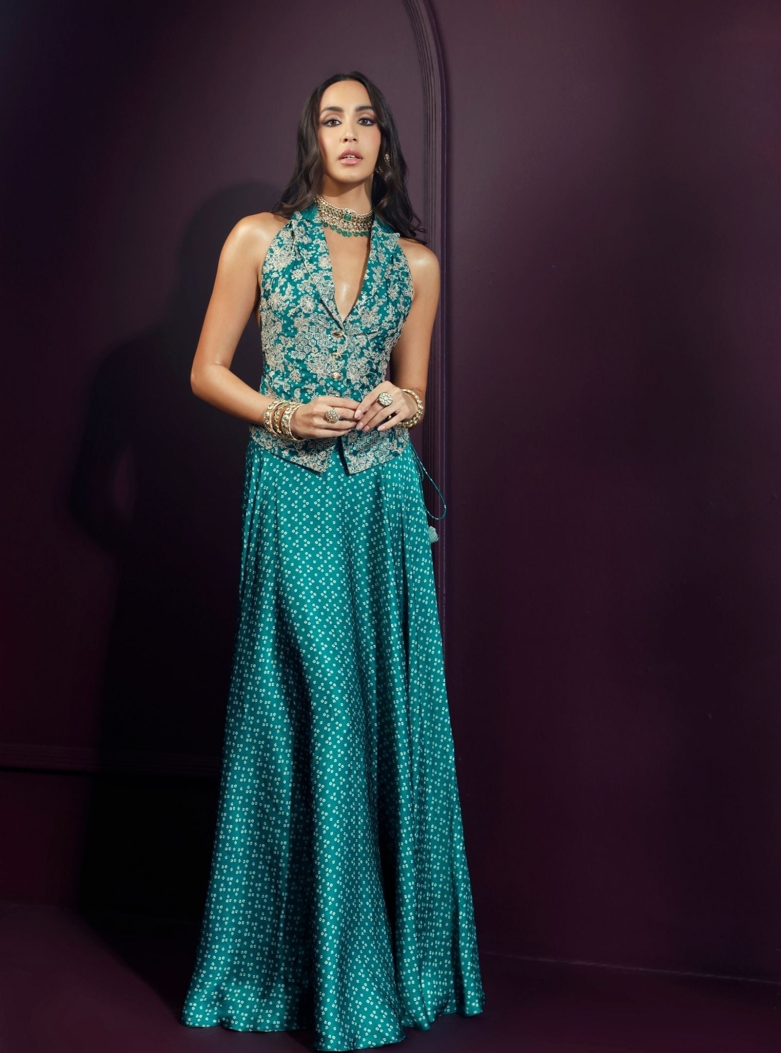 Kuhu Cupro Satin Printed Emerald Green Waistcoat with Skirt
