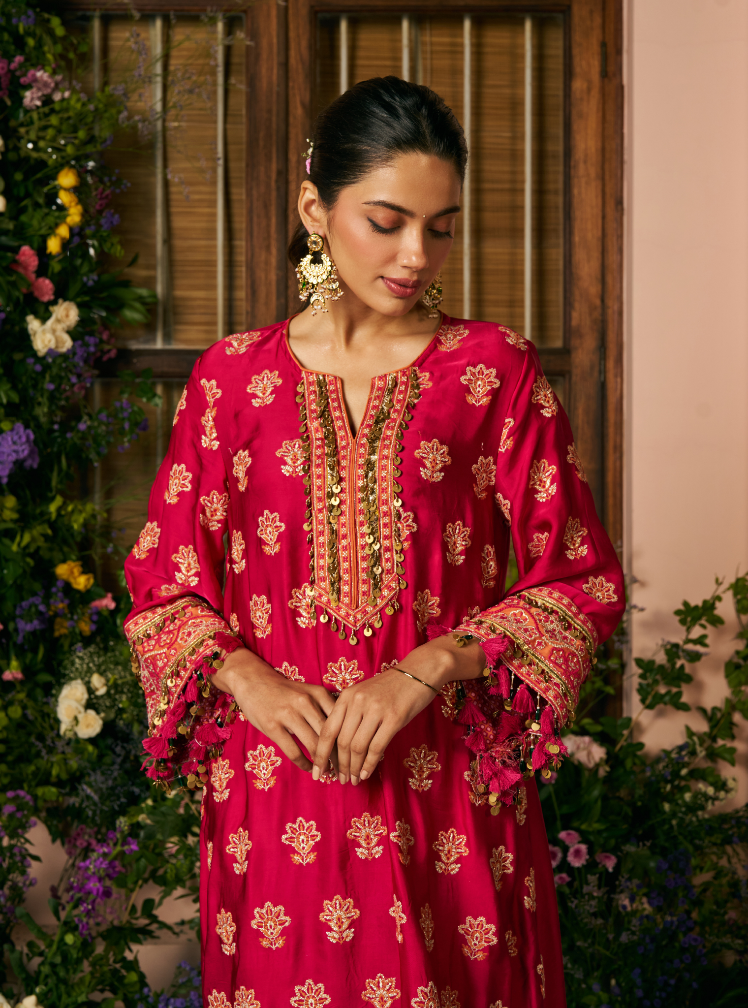 Chitra Cupro Satin Rani Pink Kaftan Set