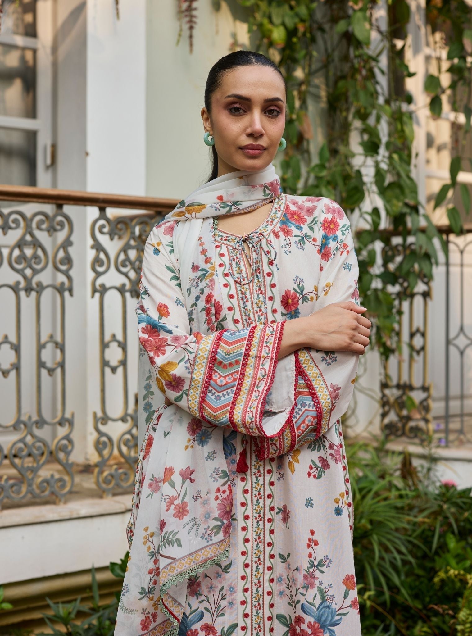 Erohi Lawn Off White Long Co-ord Set