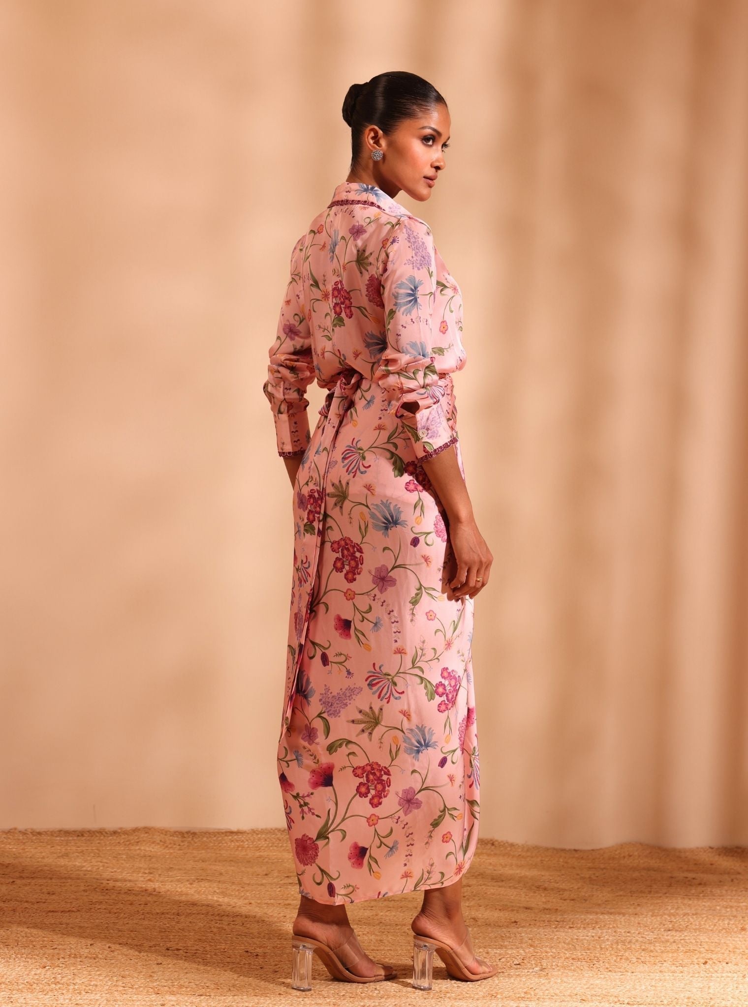 Hasi Cupro Satin Printed Pink Skirt set