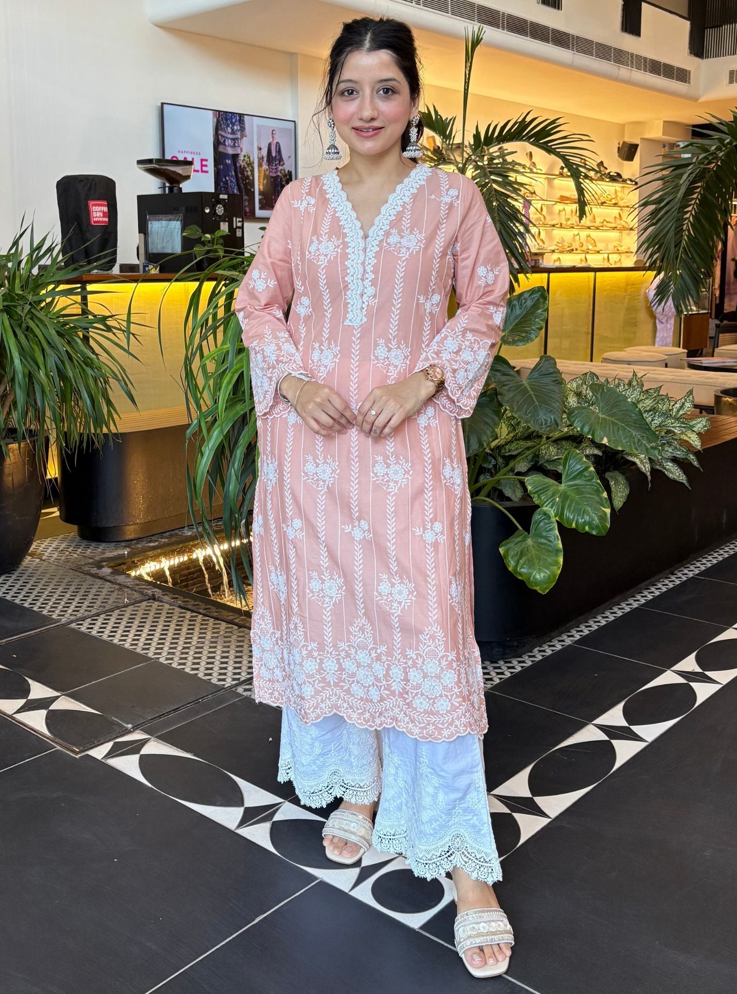 Dhansiri Supima Cotton Beige Kurta with Embroidered Bellbottom White Pyjama Set