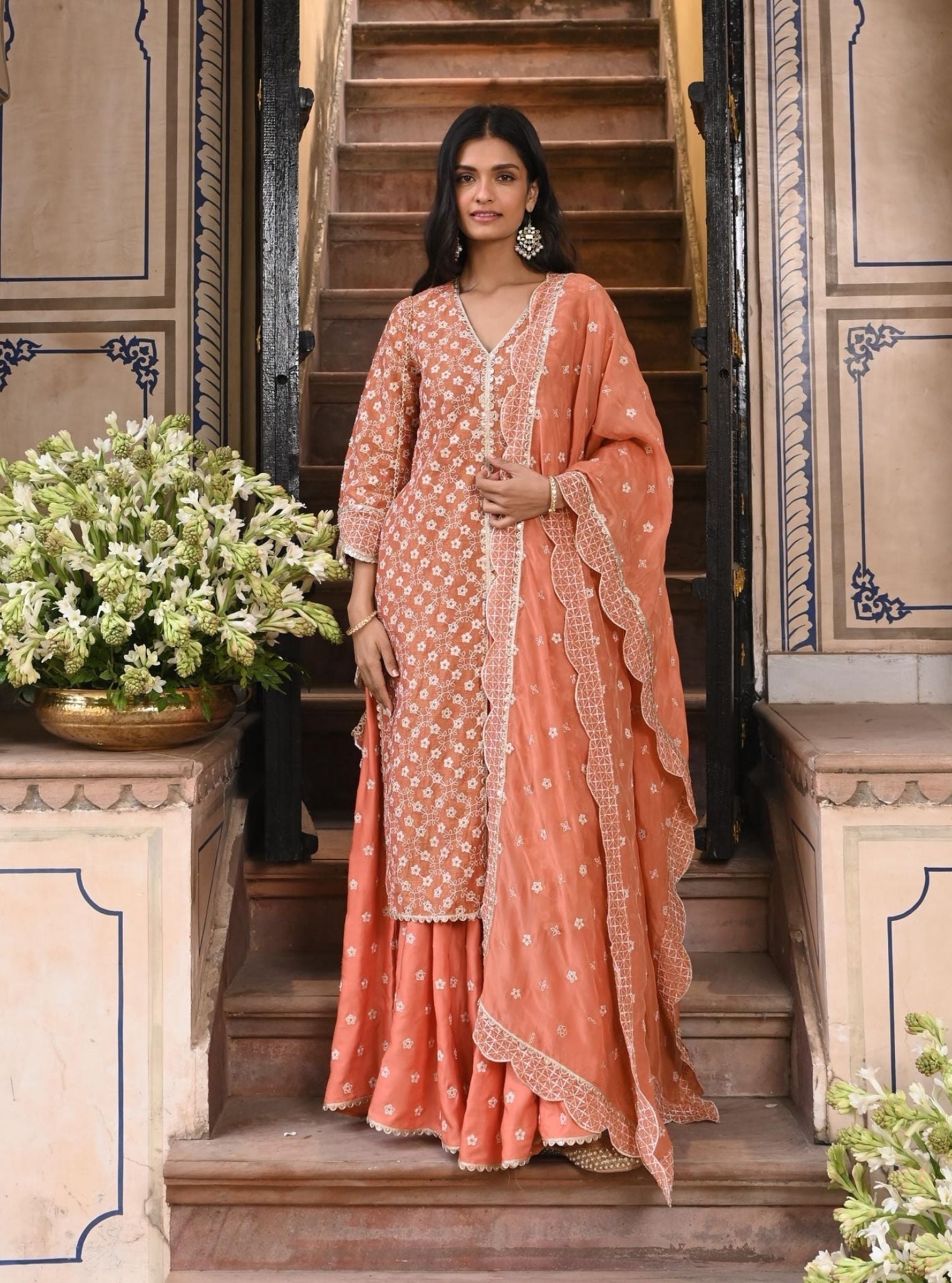 Maaeri Luxe Tissue Satin Burnt Orange Kurta with Skirt Set