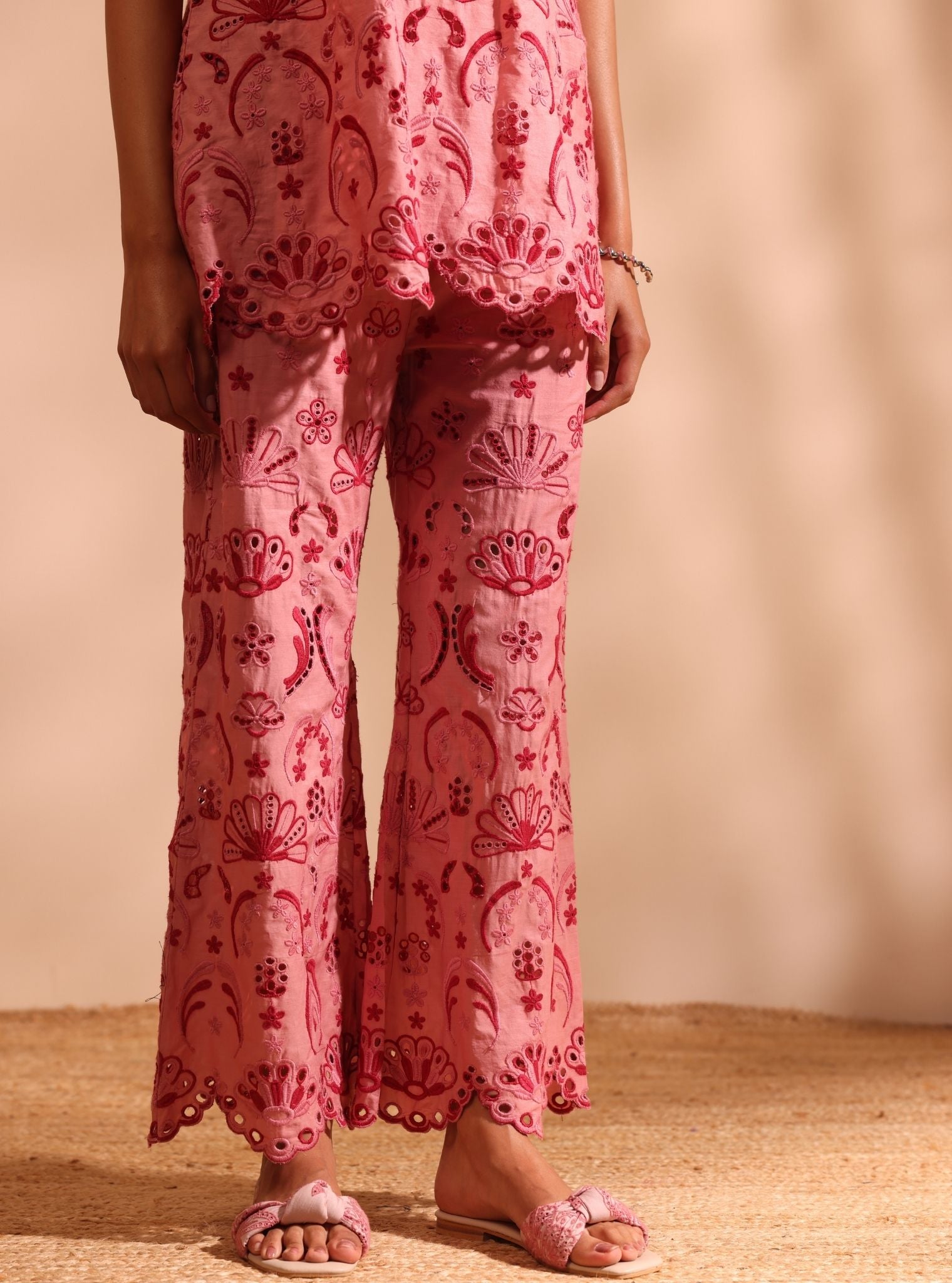 Mulmul Cotton Shaya Salmon Pink Top With Mulmul Cotton Shaya Salmon Pink Pant