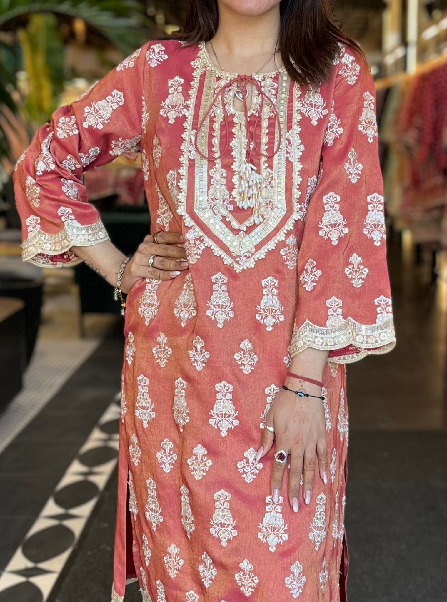 Intira Tissue Linen Satin Red Kurta Set