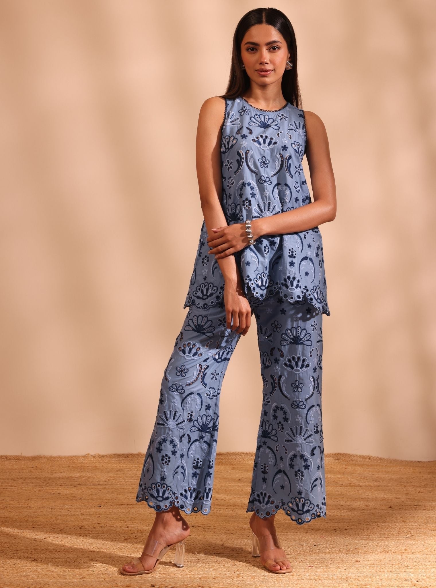 Mulmul Cotton Shaya Denim Top With Mulmul Cotton Shaya Denim Pant