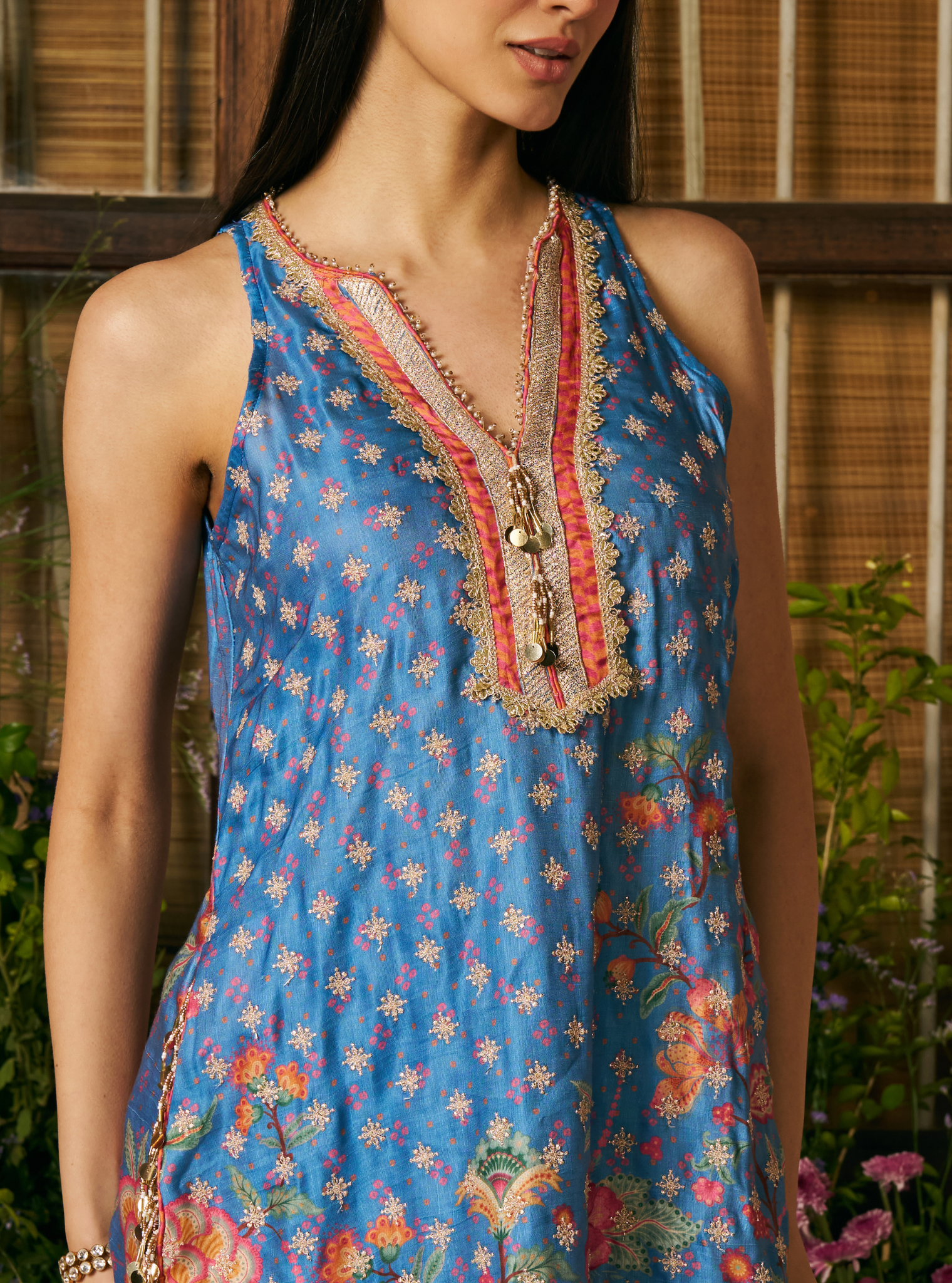 Chakori Linen Satin Steel Blue Printed Kurta Set