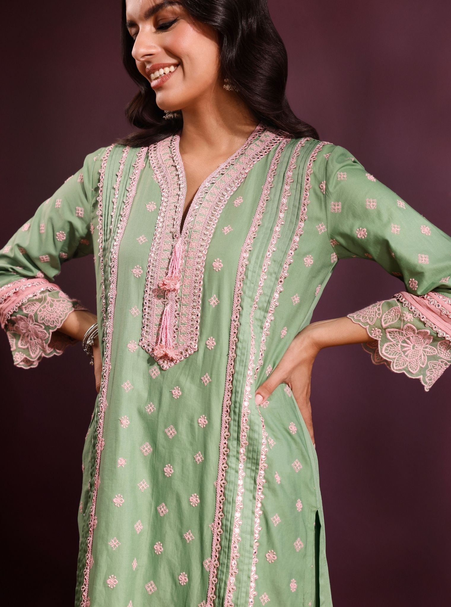 Pira Pima Satin Parrot Green Kurta Set