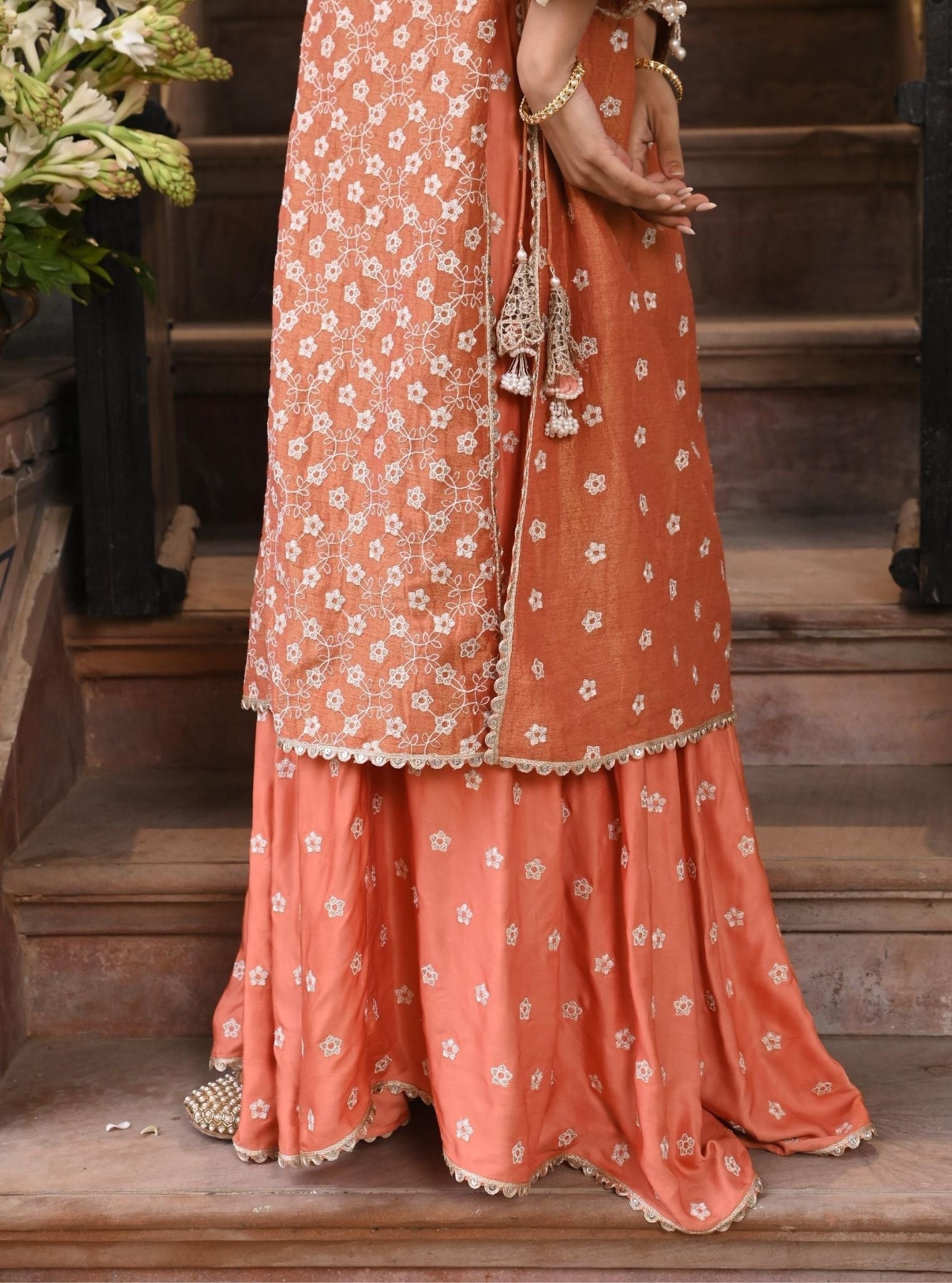 Maaeri Luxe Tissue Satin Burnt Orange Kurta with Skirt Set