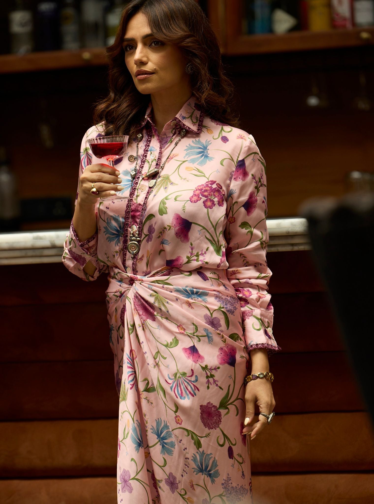 Hasi Cupro Satin Printed Pink Skirt set