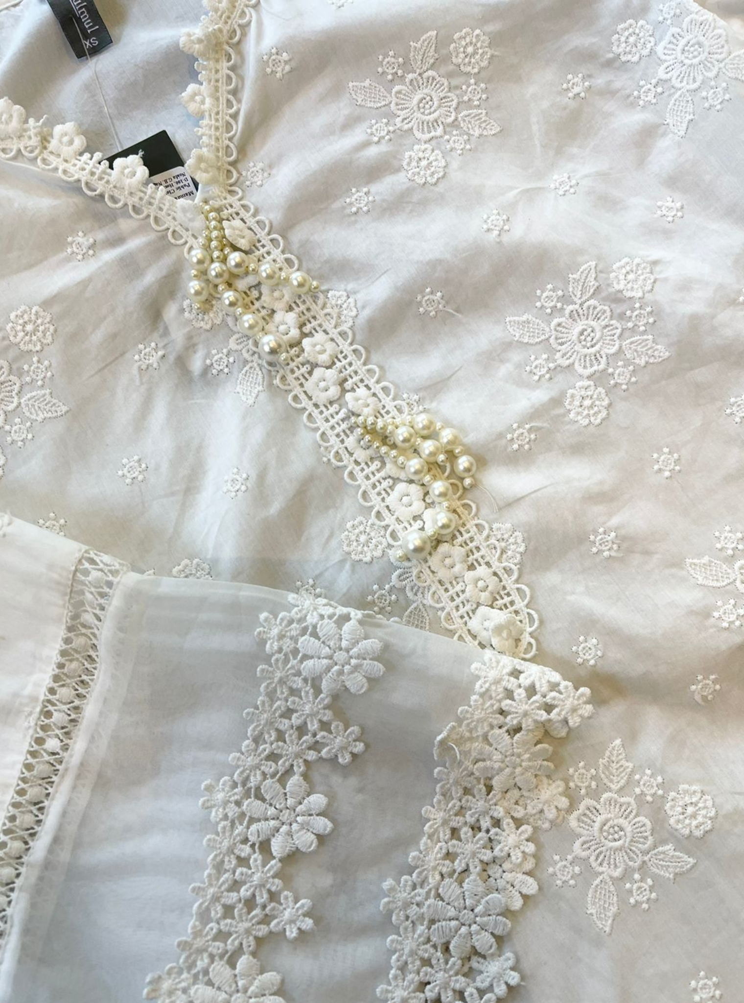 Mulmul Cotton Emmie White Kurta With Mulmul Cotton Diagonal Lace Pants