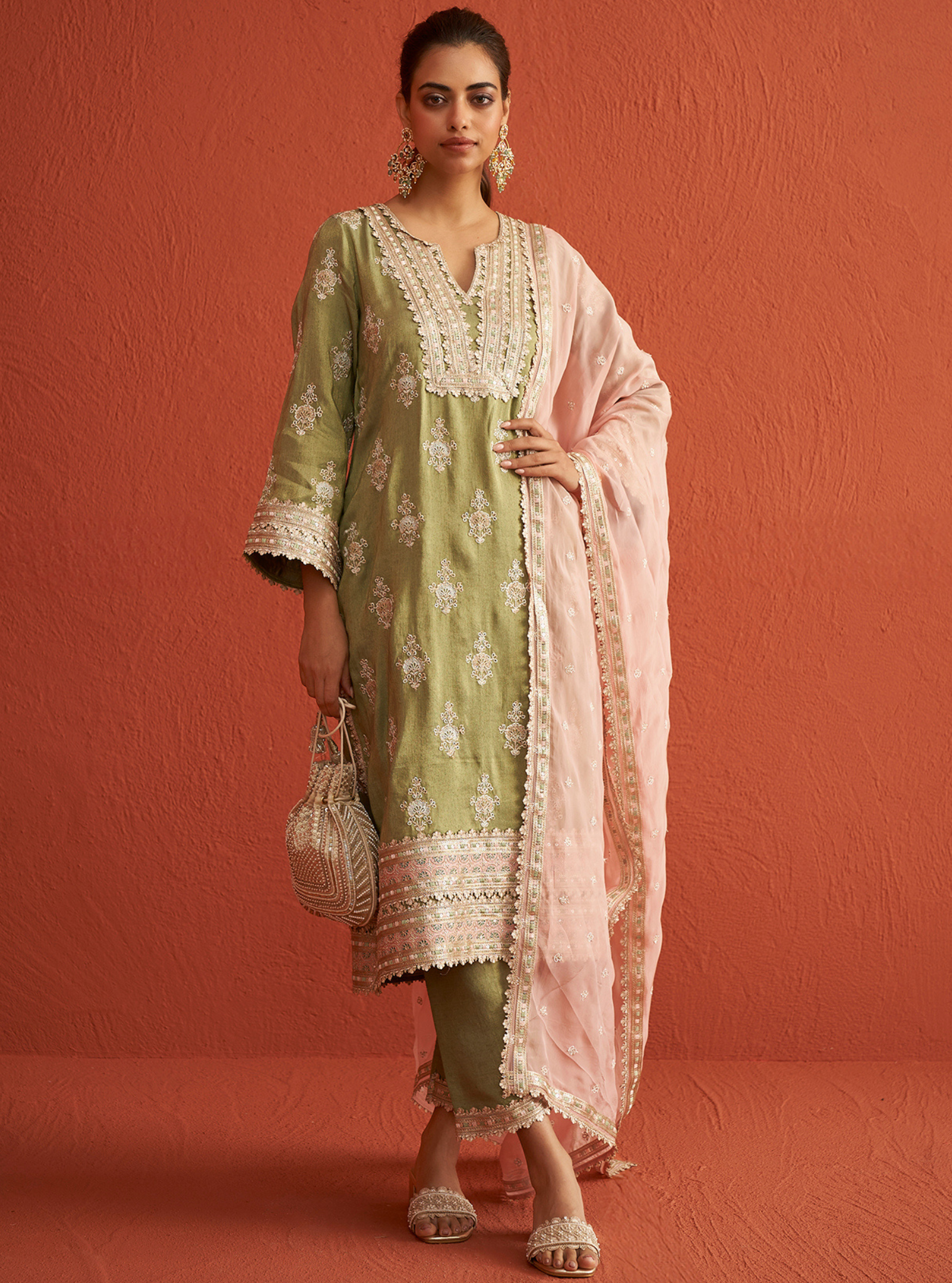 Mitthi Luxe Tissue Sage Green Kurta Set