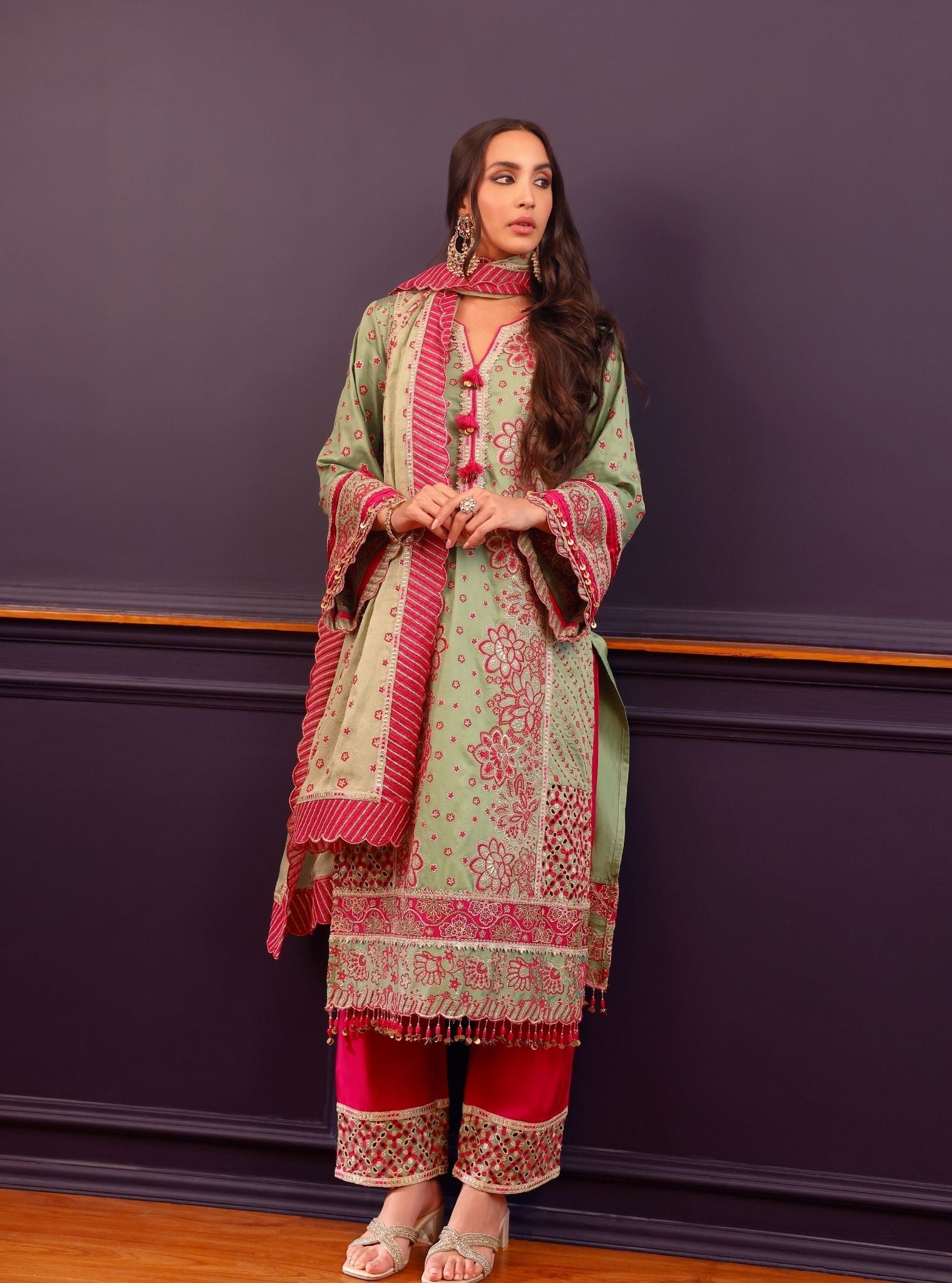 Renu Pima Satin Parrot Green Kurta with Fuchsia Pant Set