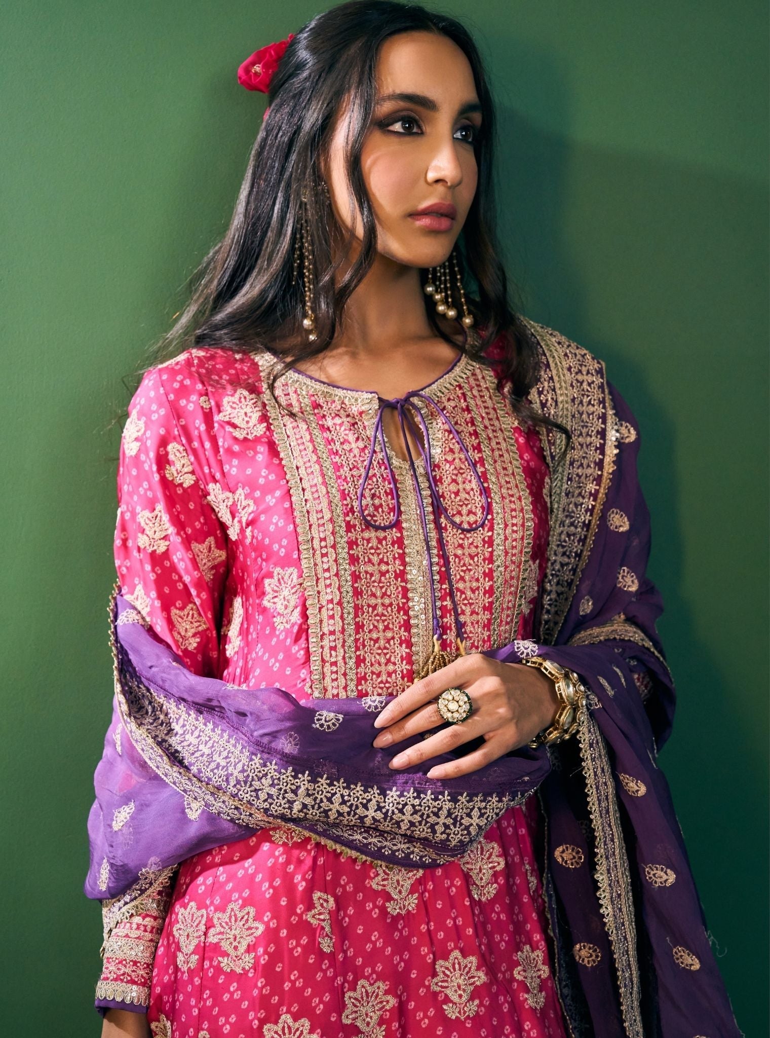 Arvini Cupro Satin Fuschia Anarkali Kurta Set