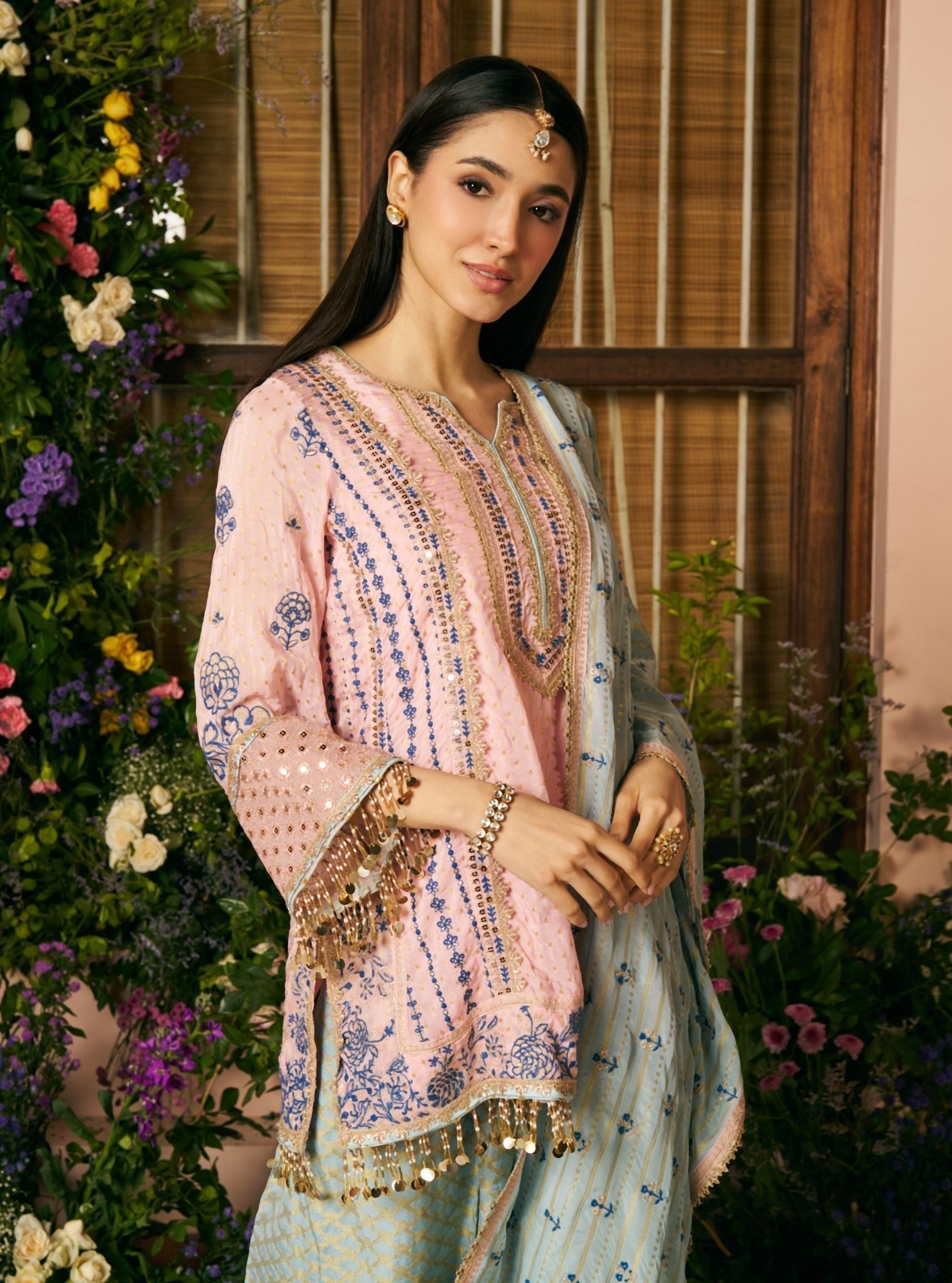 Panchi Banarsi Pink Kurta With Farshi Salwar