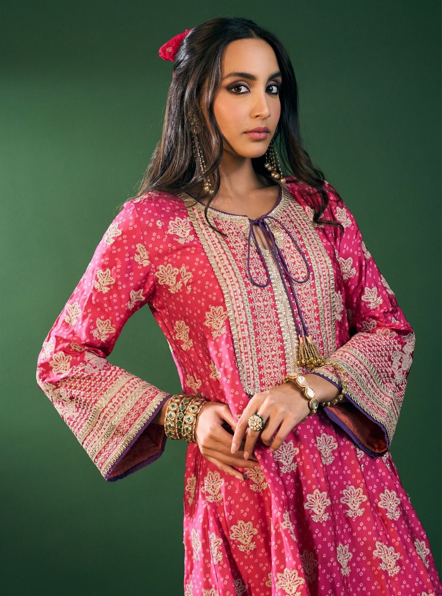 Arvini Cupro Satin Fuschia Anarkali Kurta Set