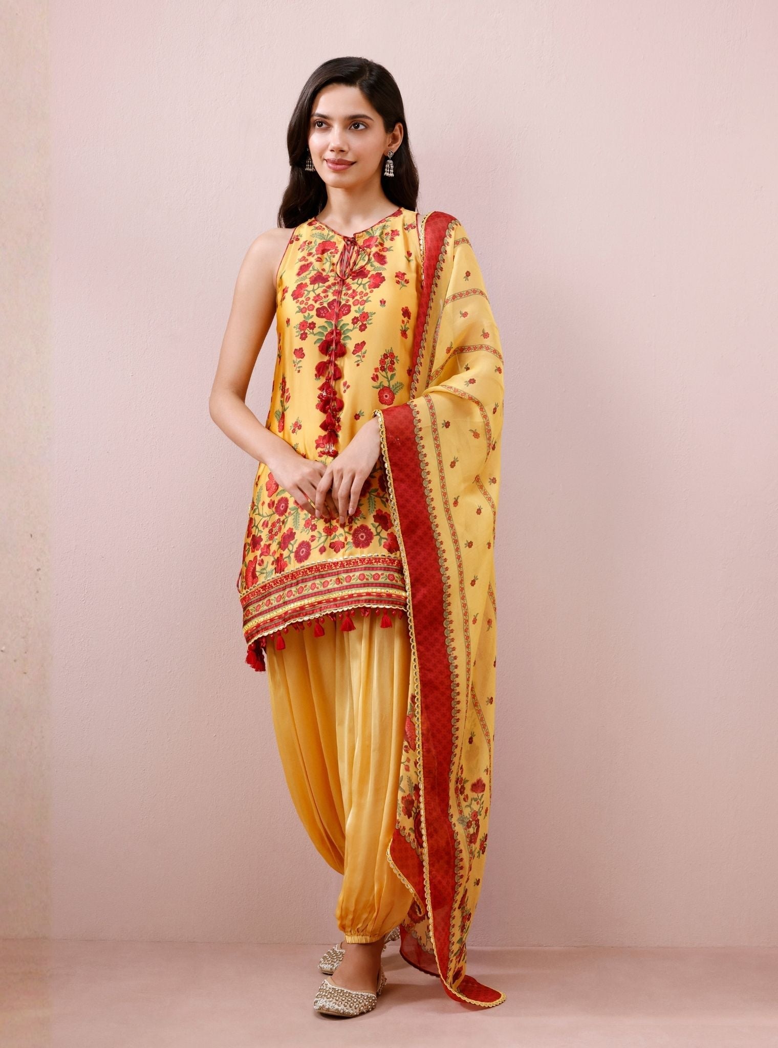 Mivya Cupro Satin Mustard Kurta with Balloon Pants