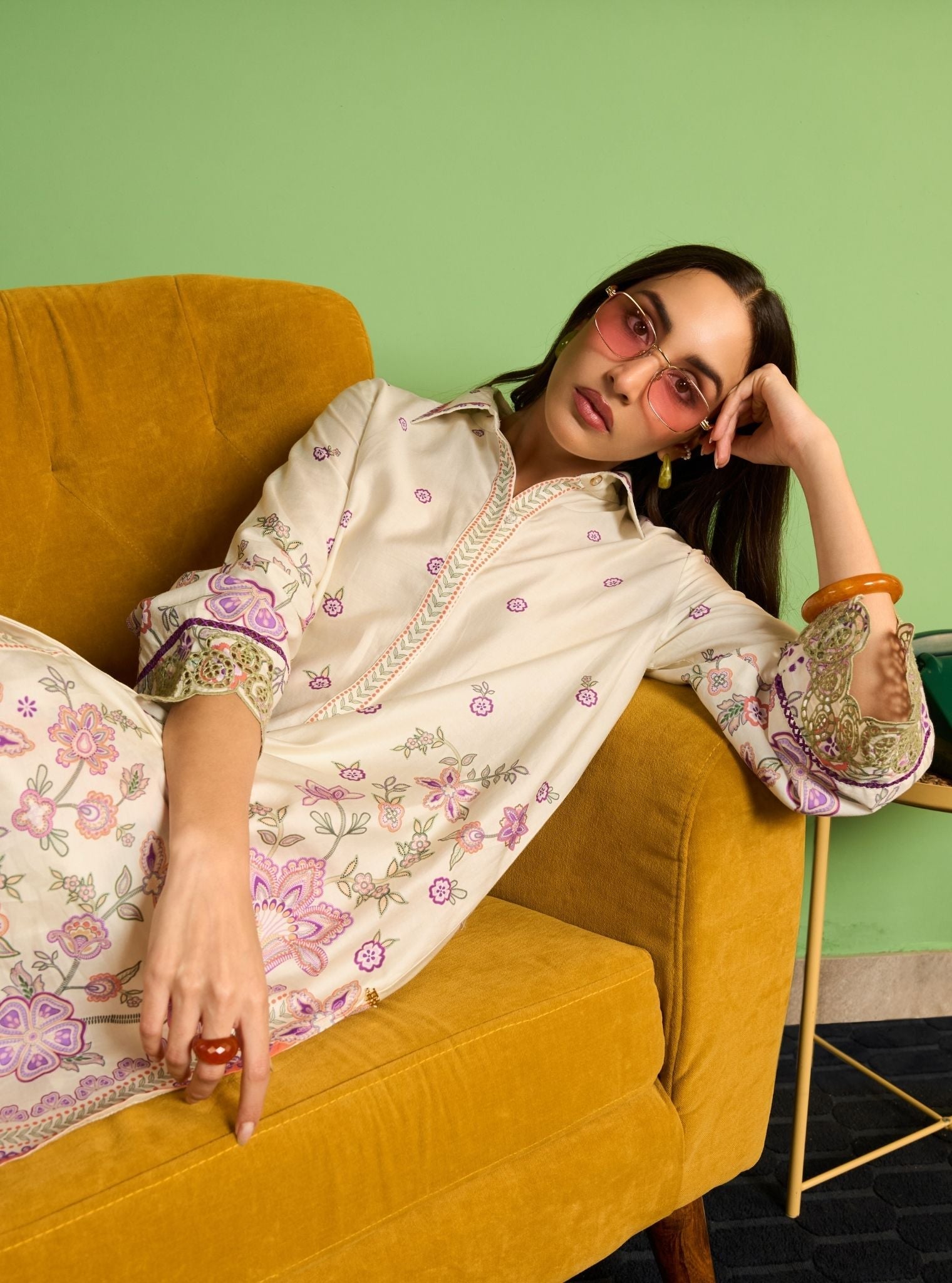 Zavi Pima Satin Off White Printed Kurta Shirt Set