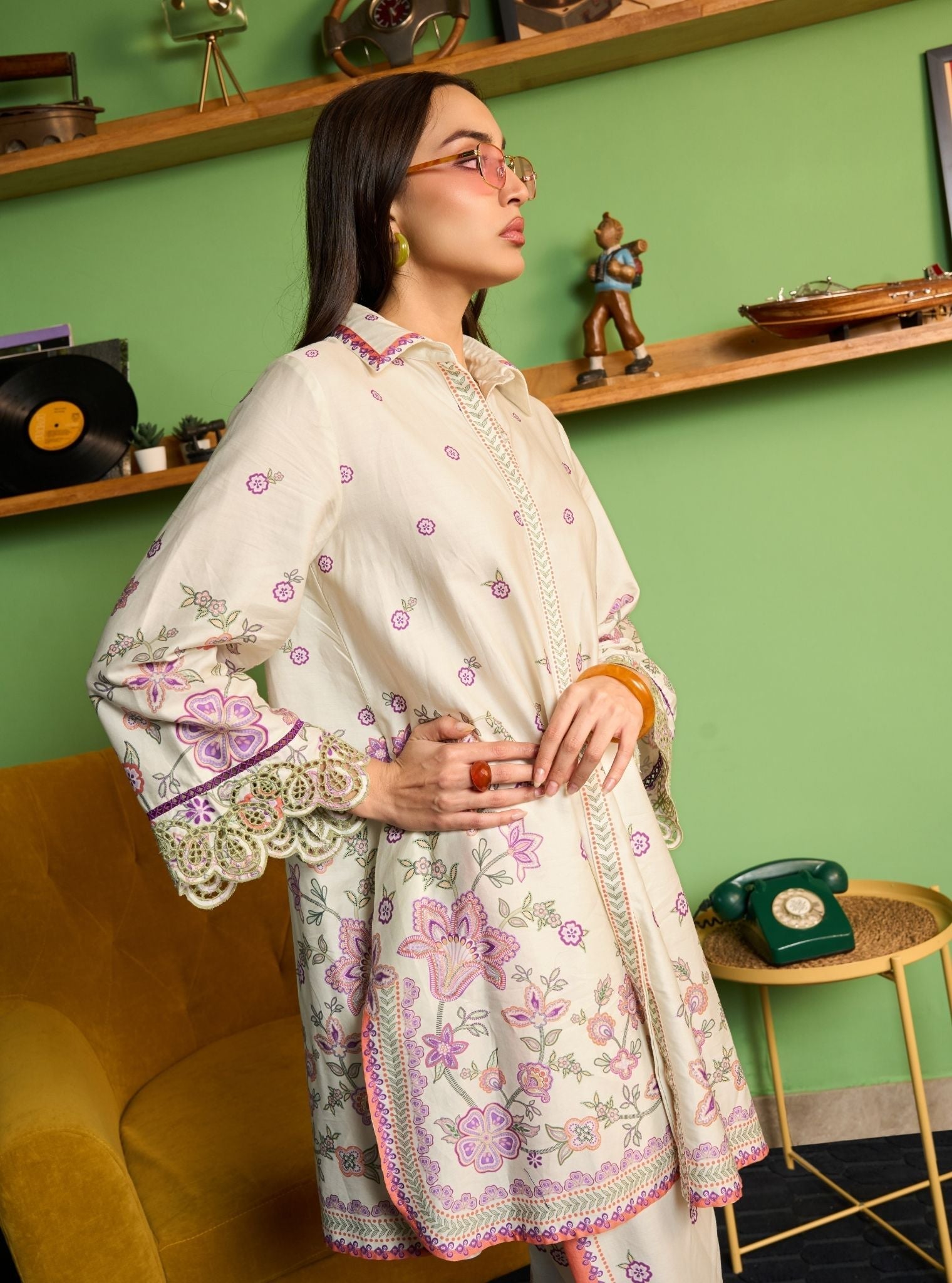Zavi Pima Satin Off White Printed Co-ord set