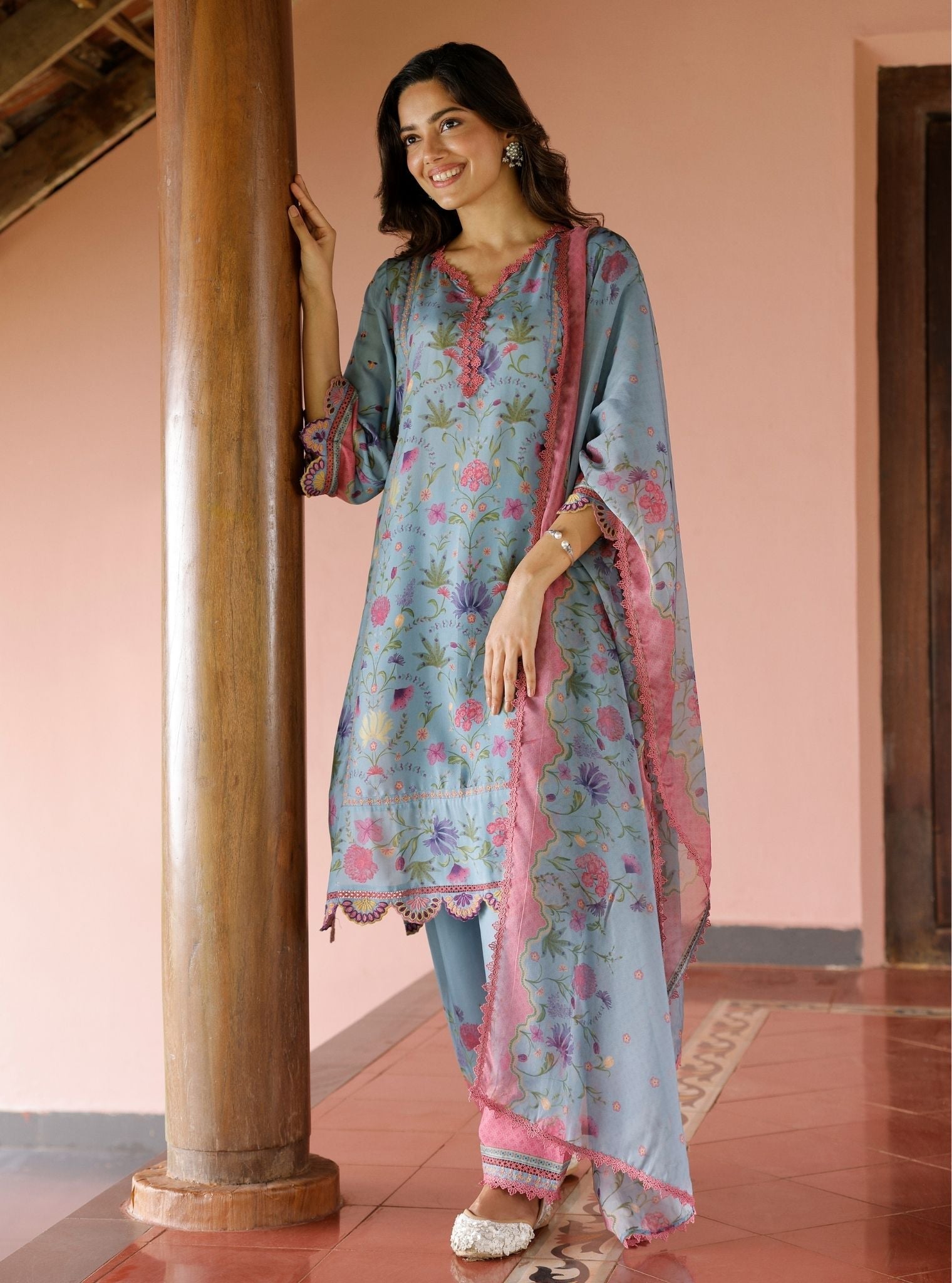 Mulmul Lawn Printed Alya Denim Kurta With Mulmul Lawn Printed Alya Off Denim Pant