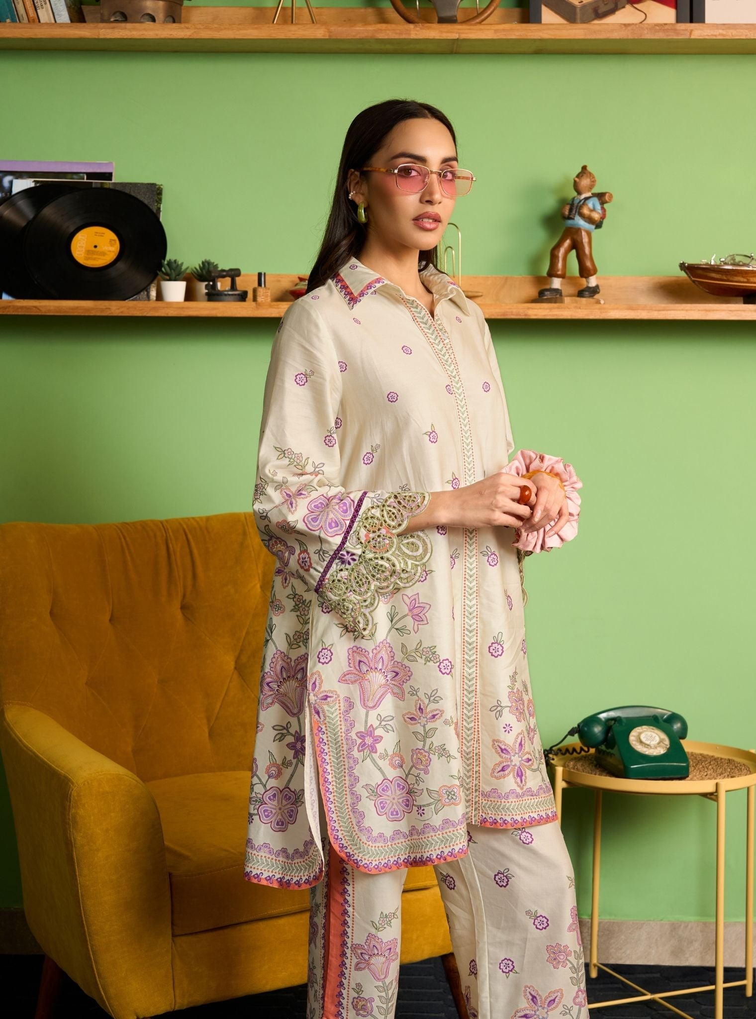 Zavi Pima Satin Off White Printed Co-ord set