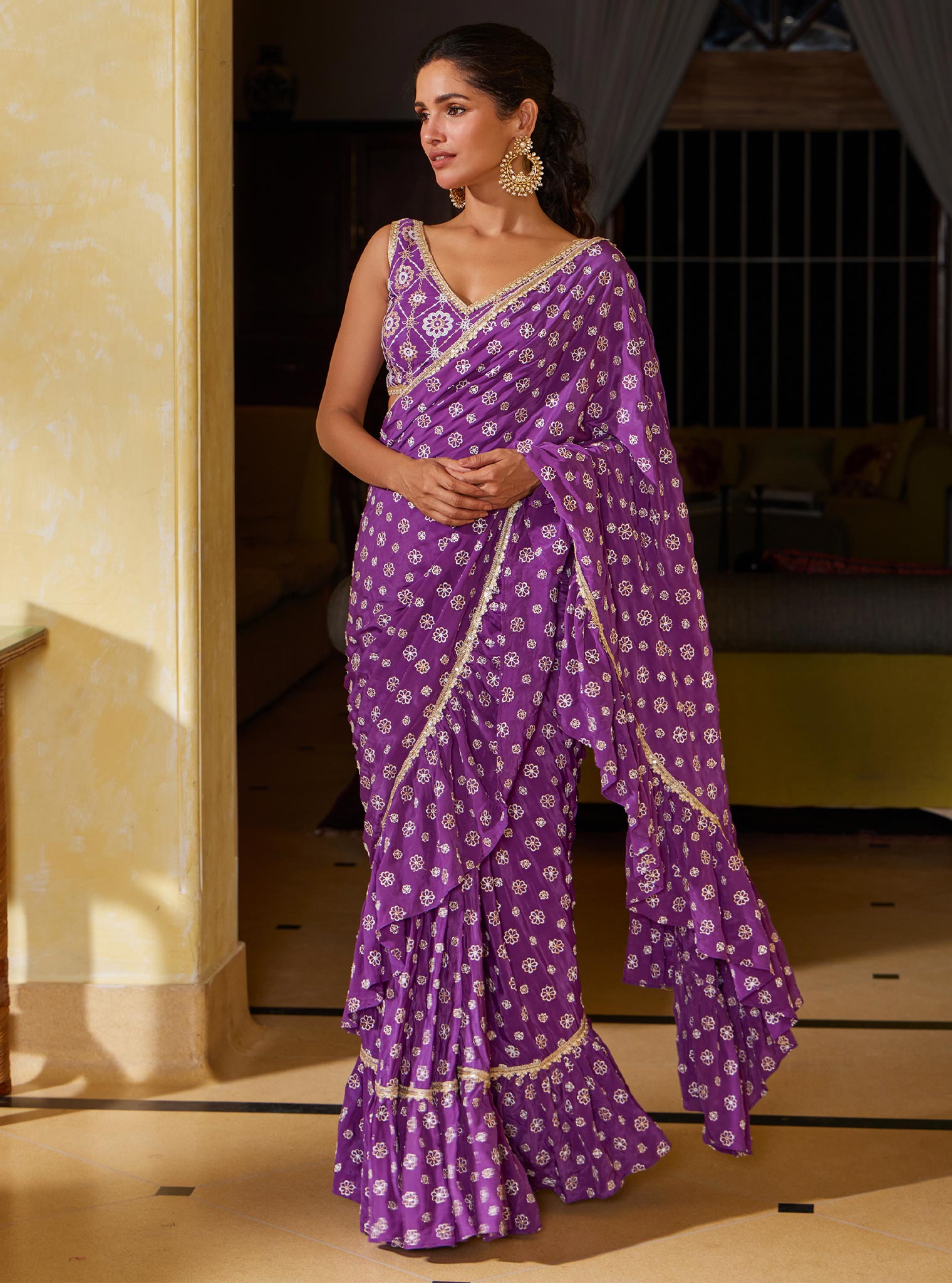 Brahmi Crepe Pre-Stitched Purple Saree