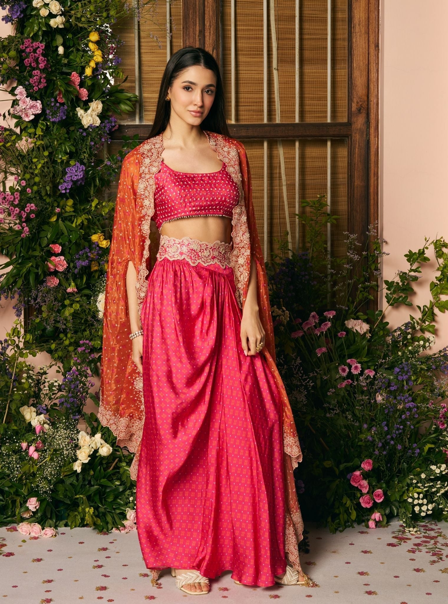 Mali Glass Organza Fuchsia Skirt Set With Cape