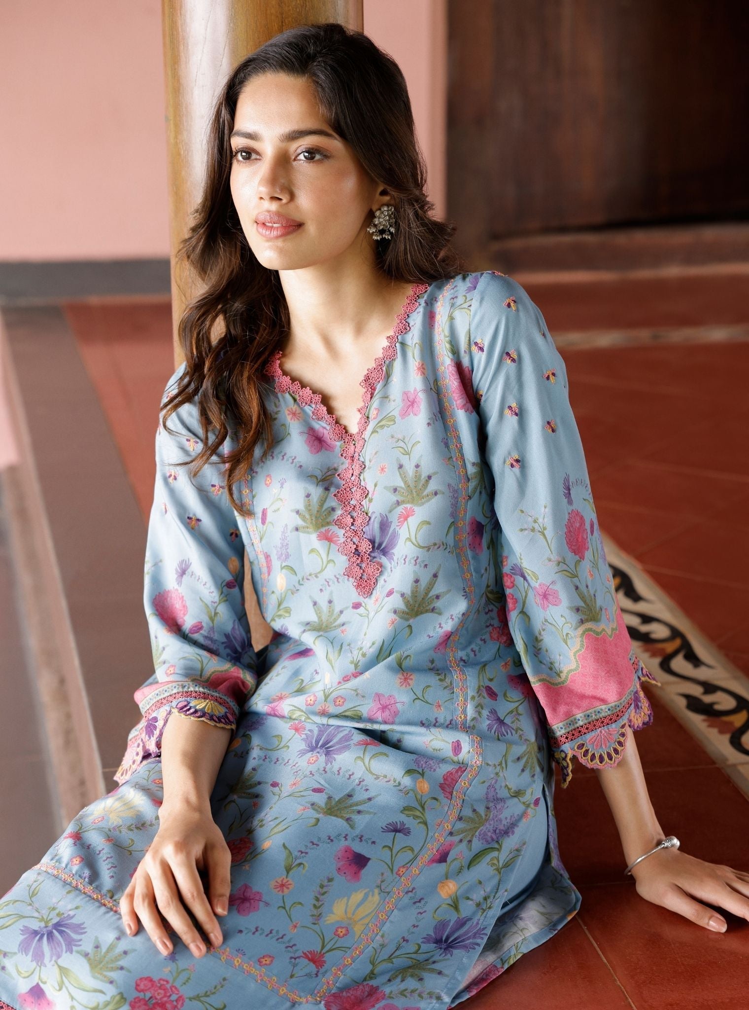 Mulmul Lawn Printed Alya Denim Kurta With Mulmul Lawn Printed Alya Off Denim Pant