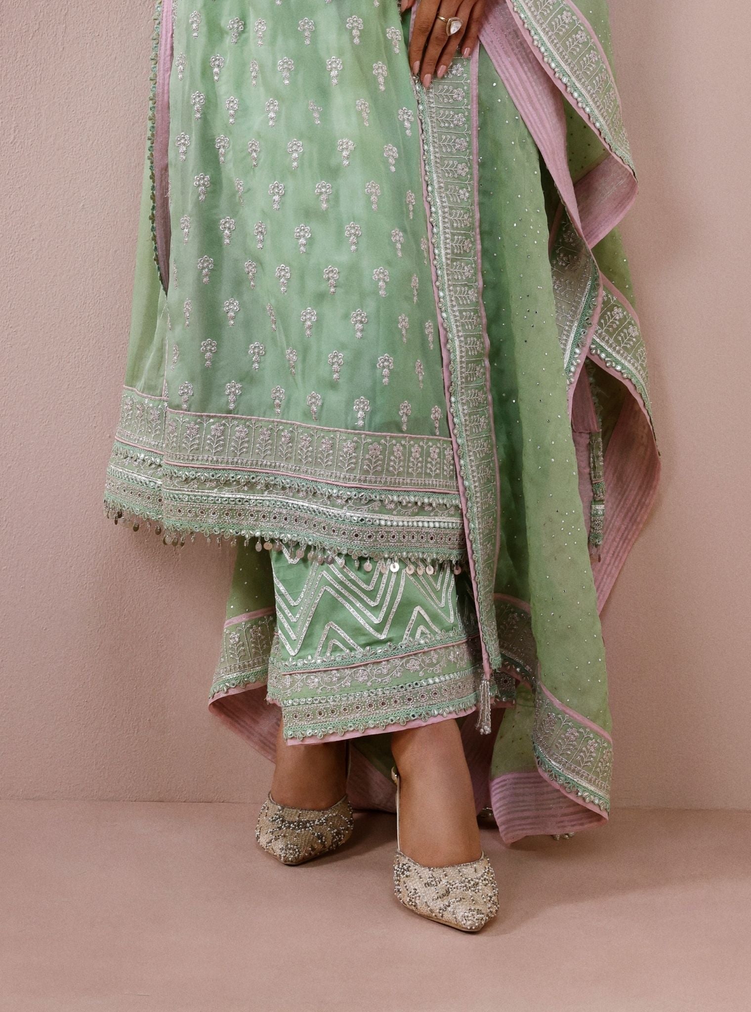 Mevi Organza Pista Green Long Kurta Set