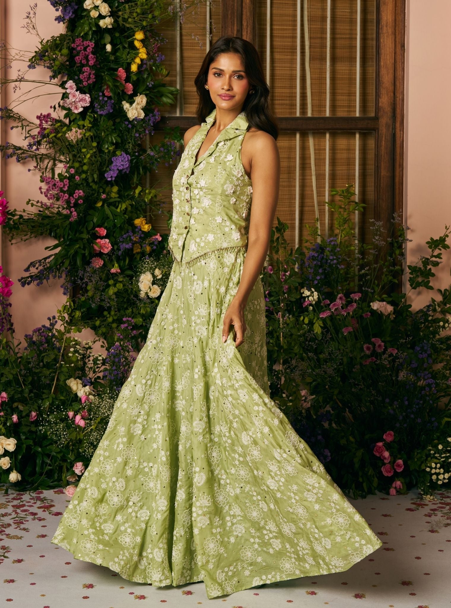 Chavi Mulmul Silk Light Green Waistcoat with Skirt