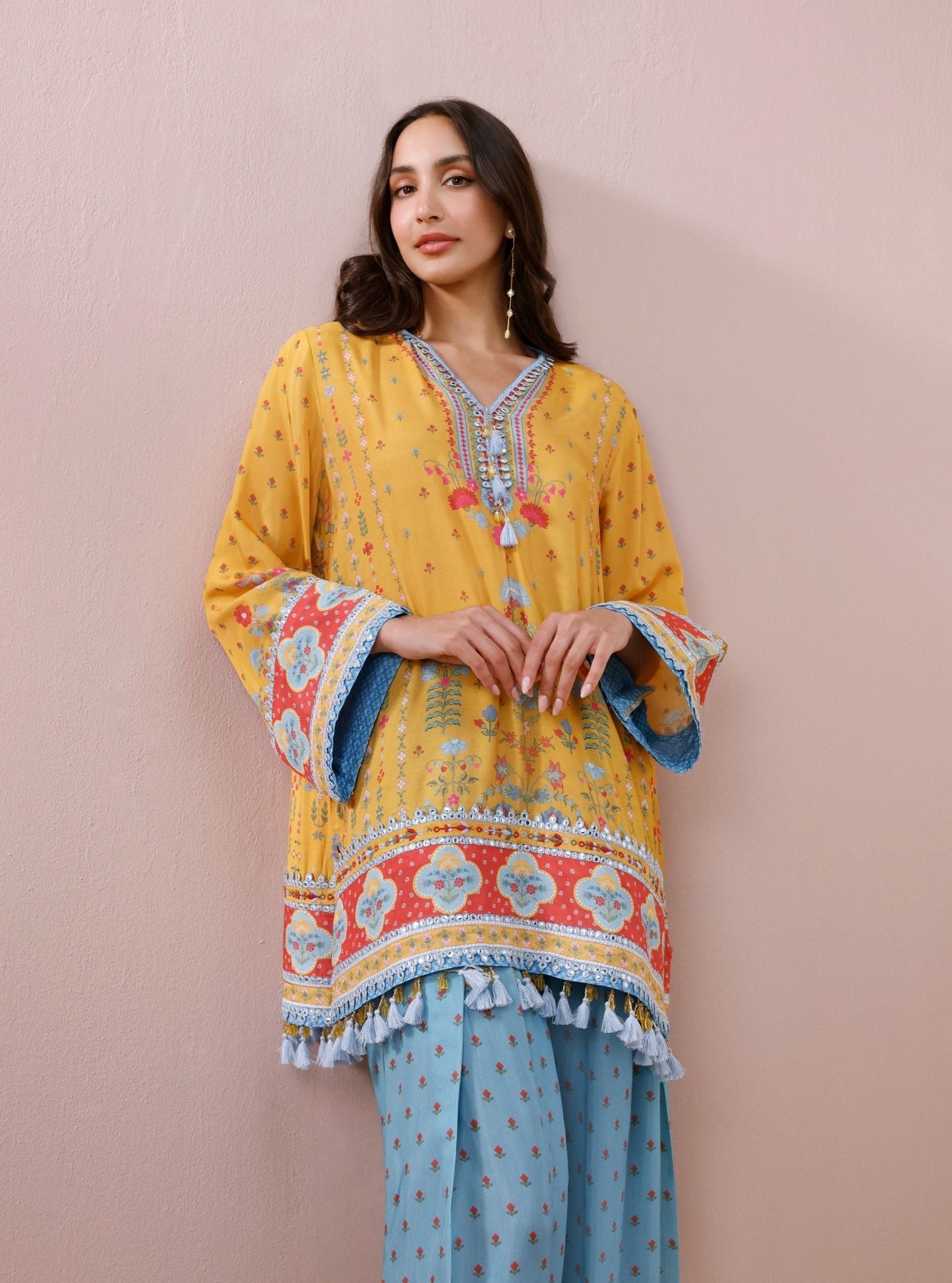 Zariya Lawn Printed Yellow & Teal Kurta with Farshi Salwar