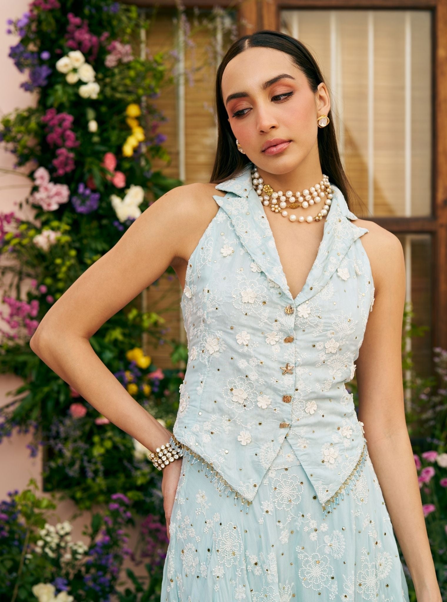 Chavi Mulmul Silk Light Blue Waistcoat with Skirt