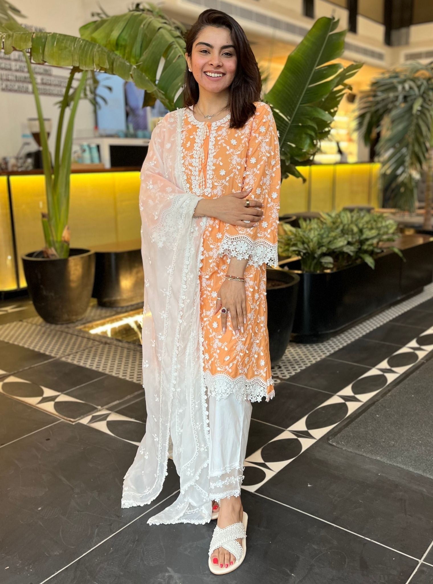 Mulmul Cotton BayBreeze Orange Kurta With Mulmul Organza Round Hem Panel White Pant