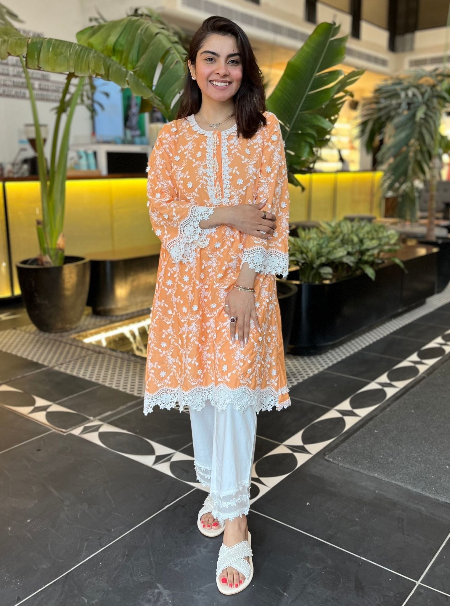 Mulmul Cotton BayBreeze Orange Kurta With Mulmul Organza Round Hem Panel White Pant