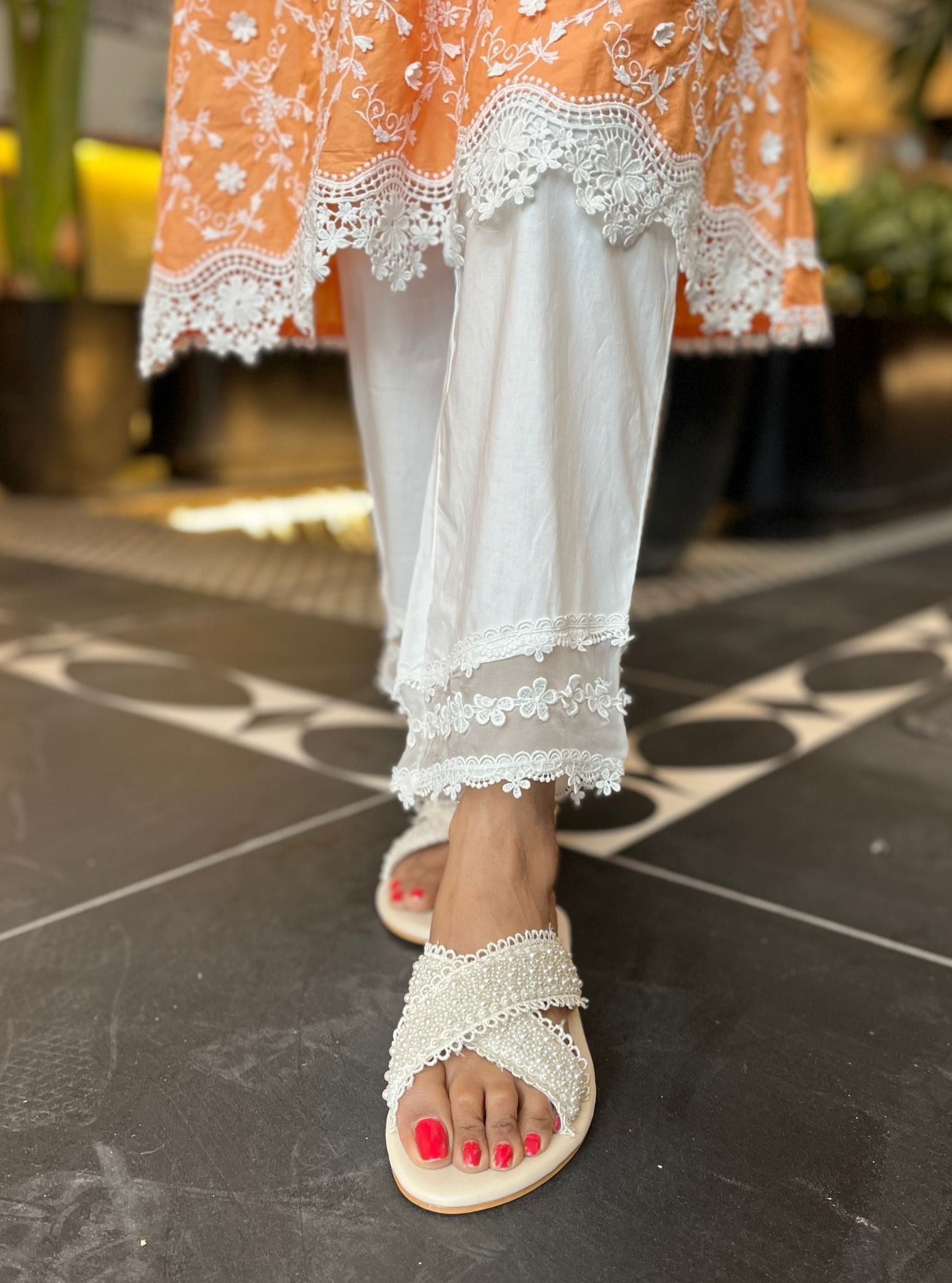 Mulmul Cotton BayBreeze Orange Kurta With Mulmul Organza Round Hem Panel White Pant